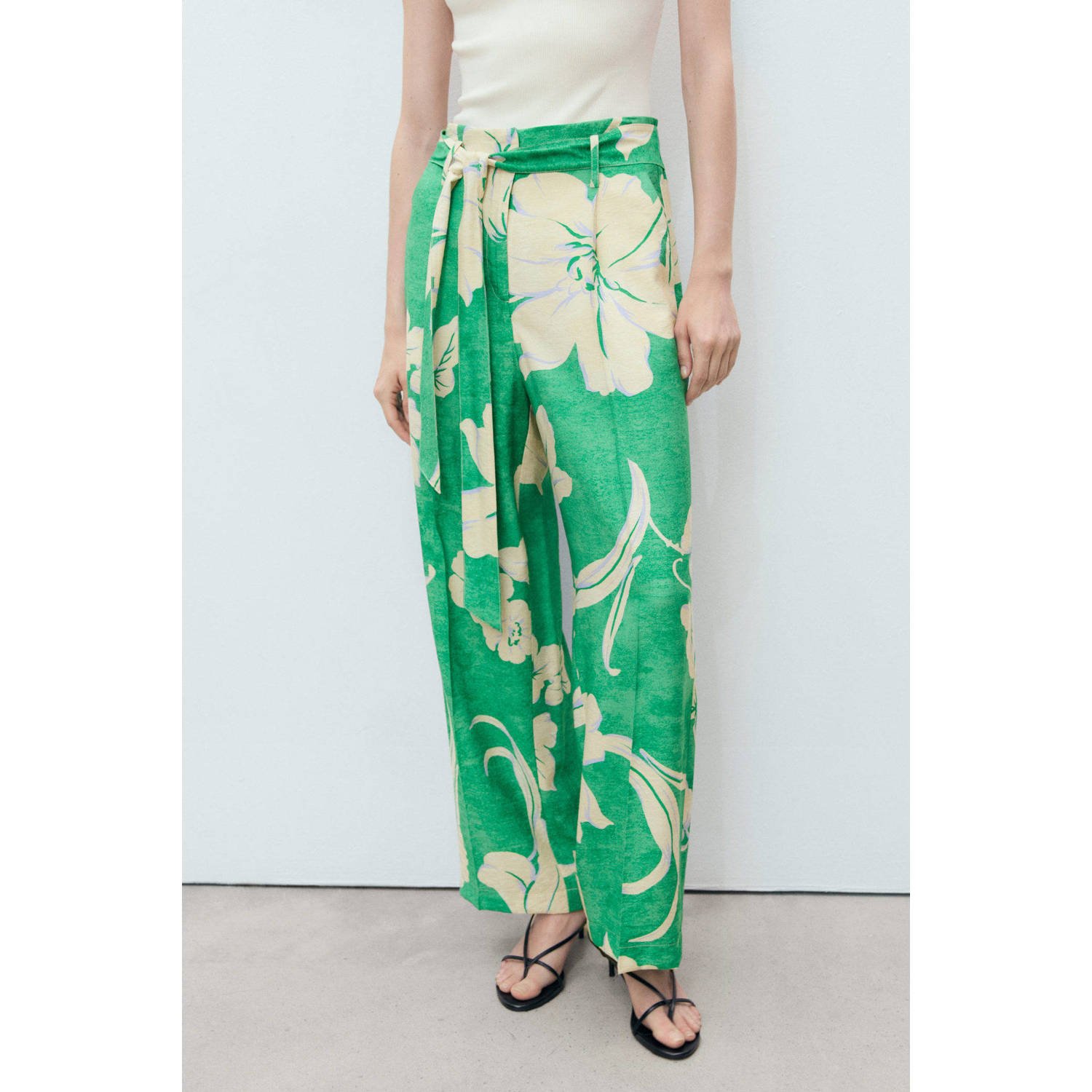Mango wide leg high waist casual broek groen