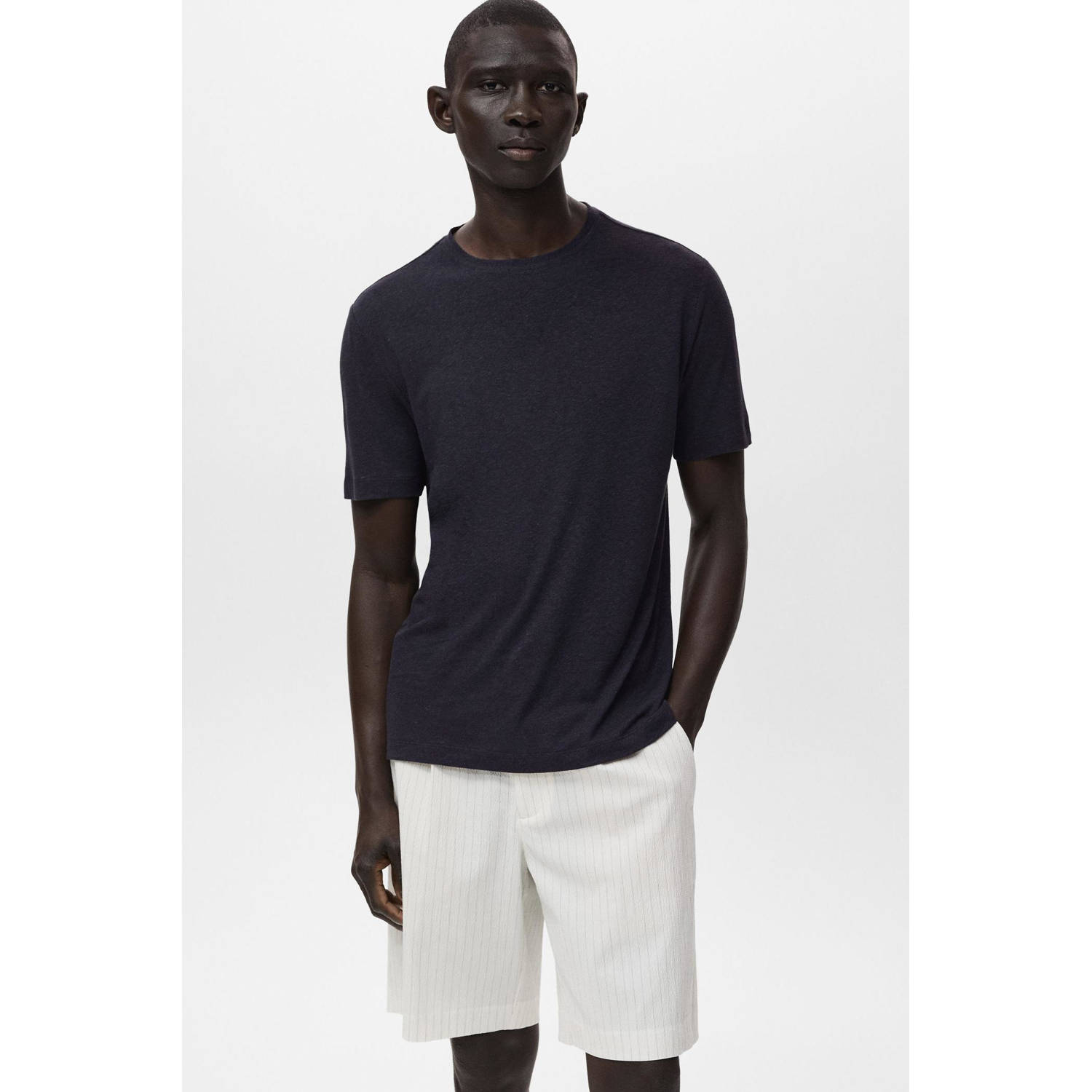 Mango Man linnen T-shirt donkerblauw