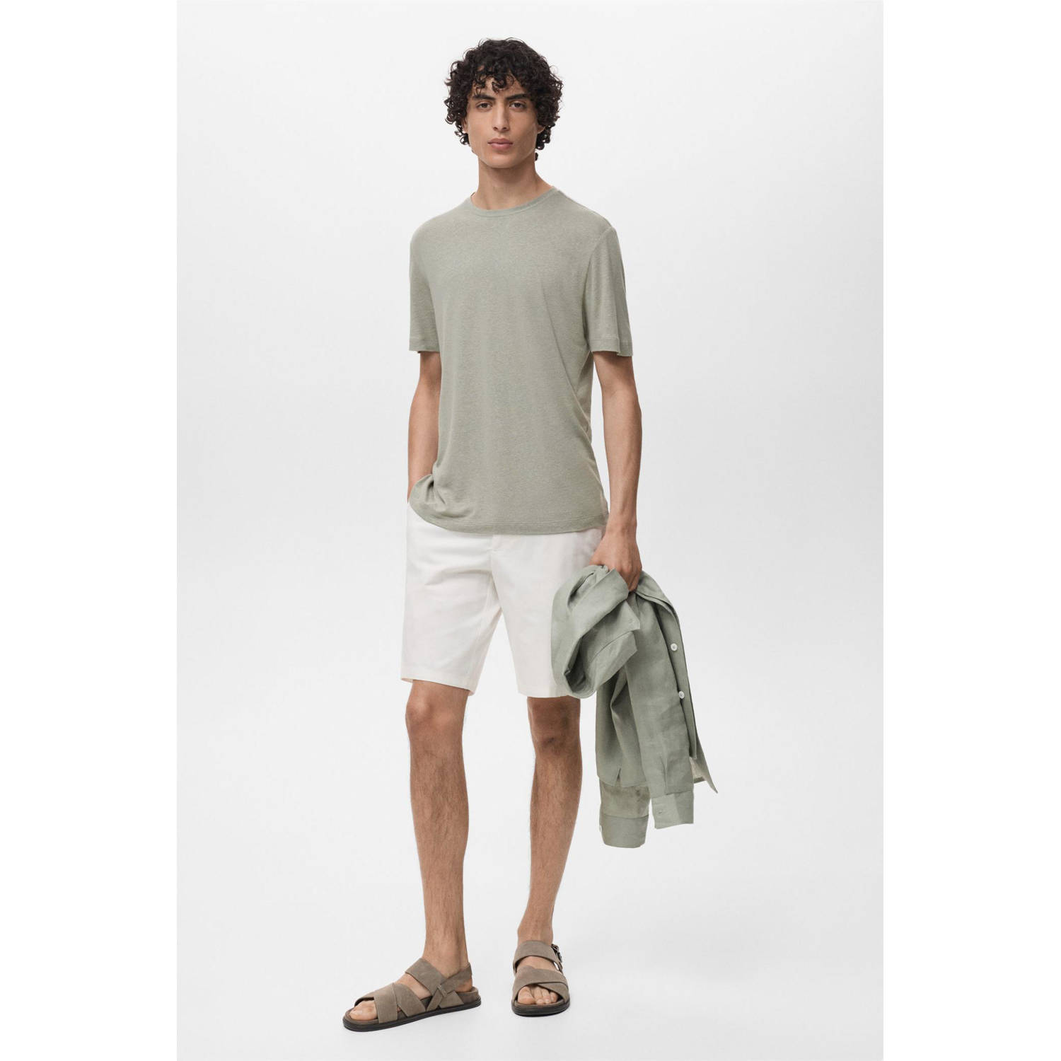 Mango Man linnen T-shirt grijsgroen