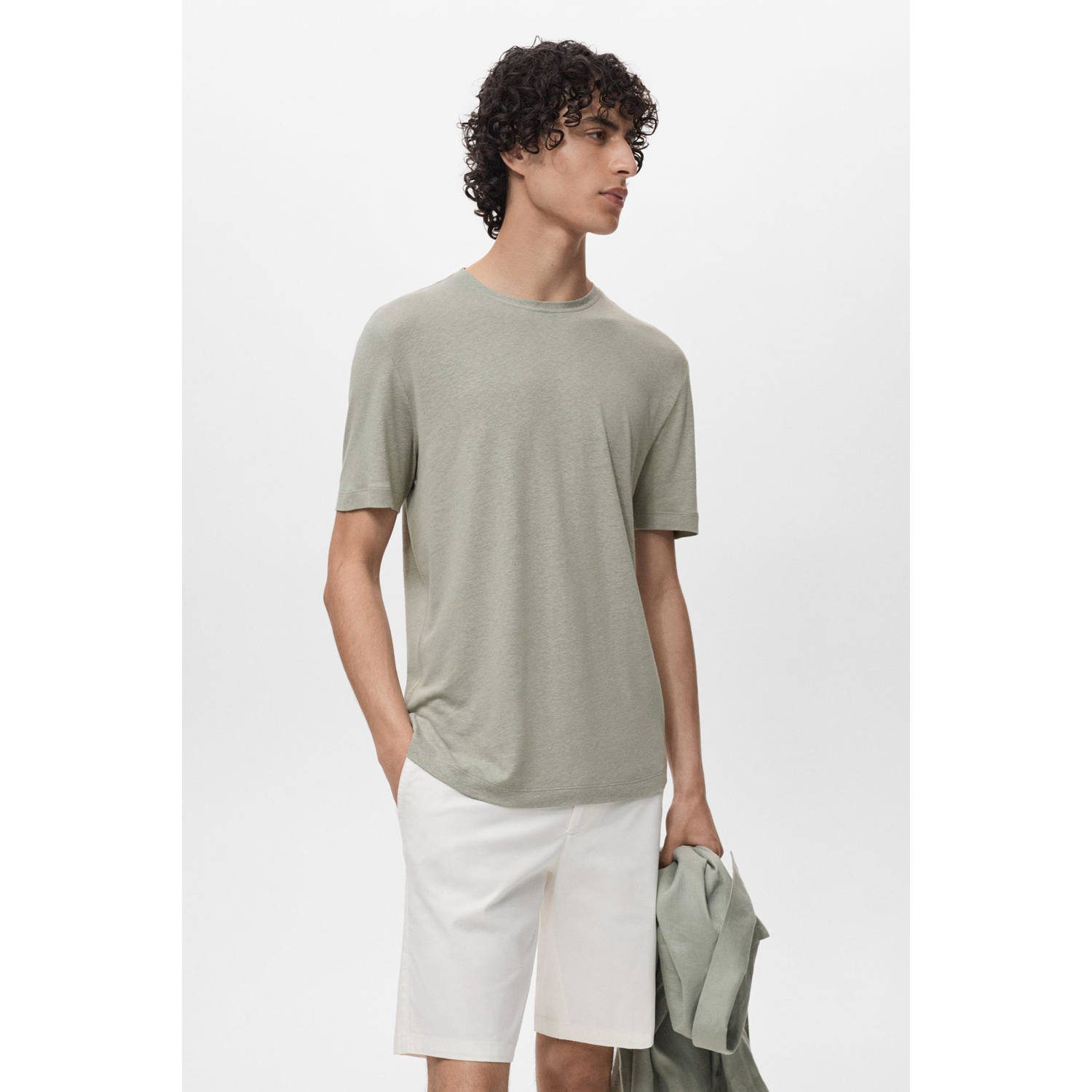 Mango Man linnen T-shirt grijsgroen