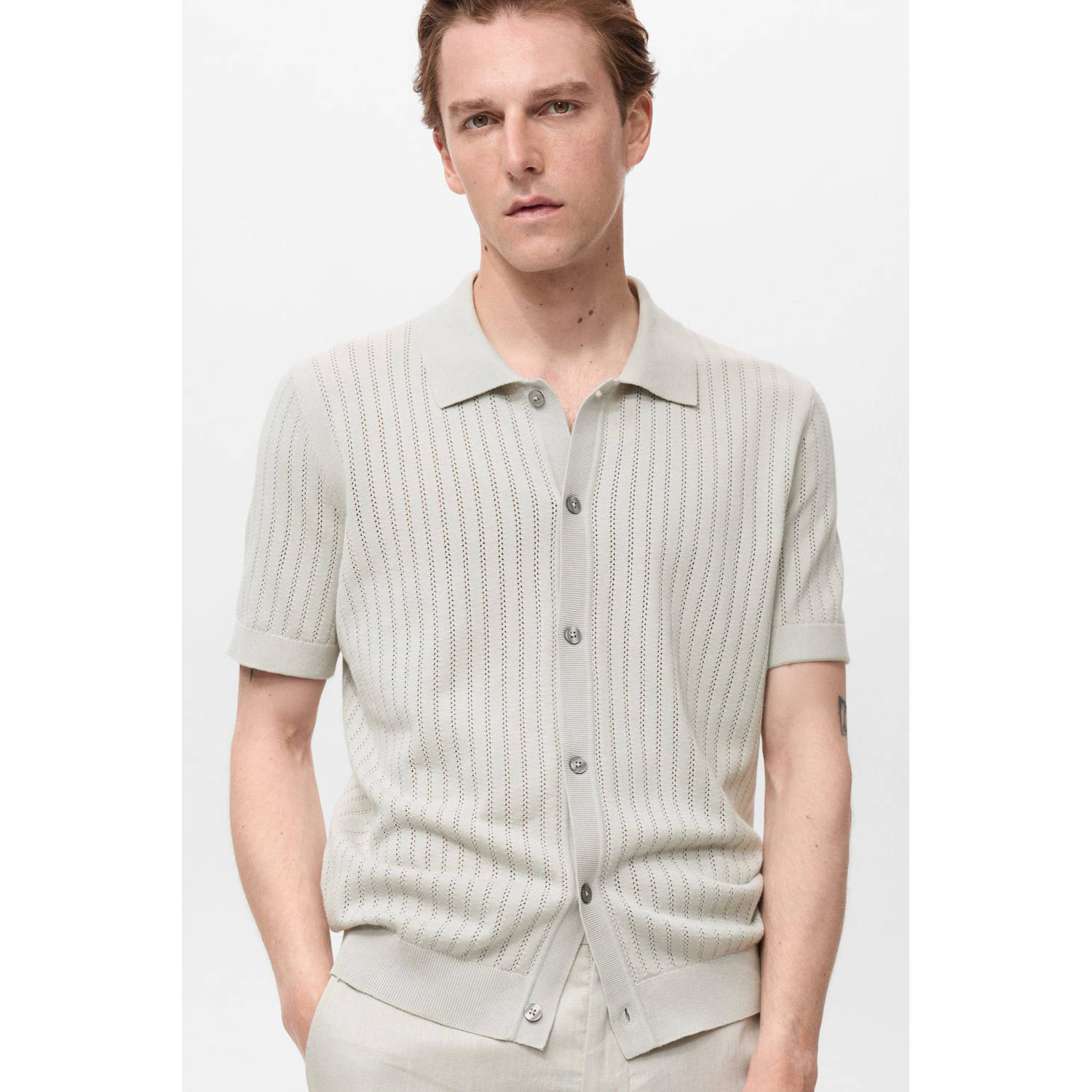 Mango Man casual overhemd met ingebreid patroon lichtgrijs