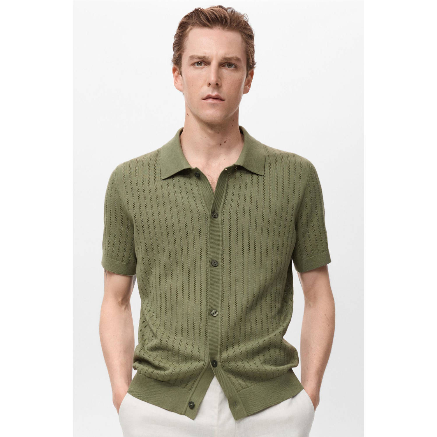 Mango Man casual overhemd met ingebreid patroon groen