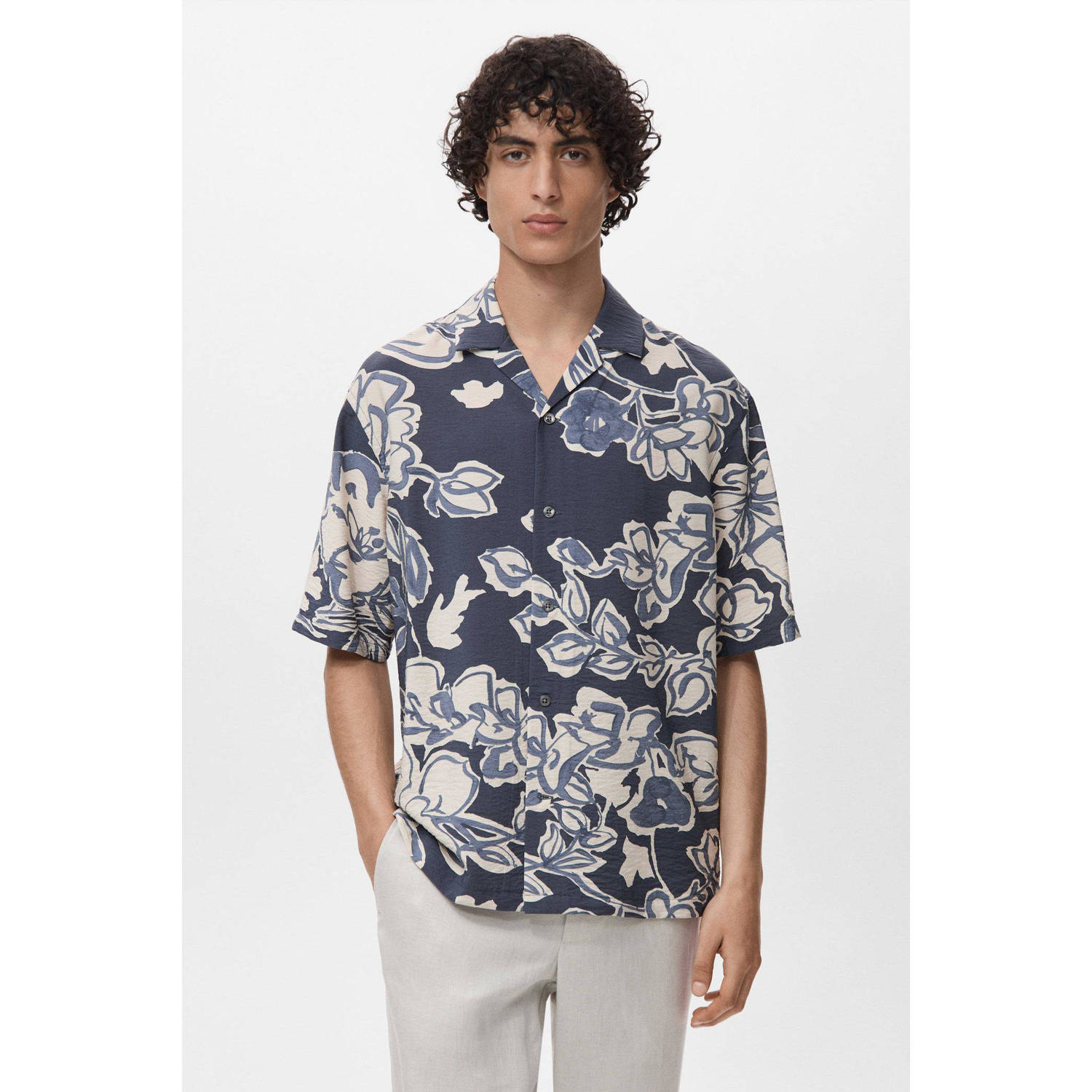 Mango Man casual overhemd met textuur donkerblauw