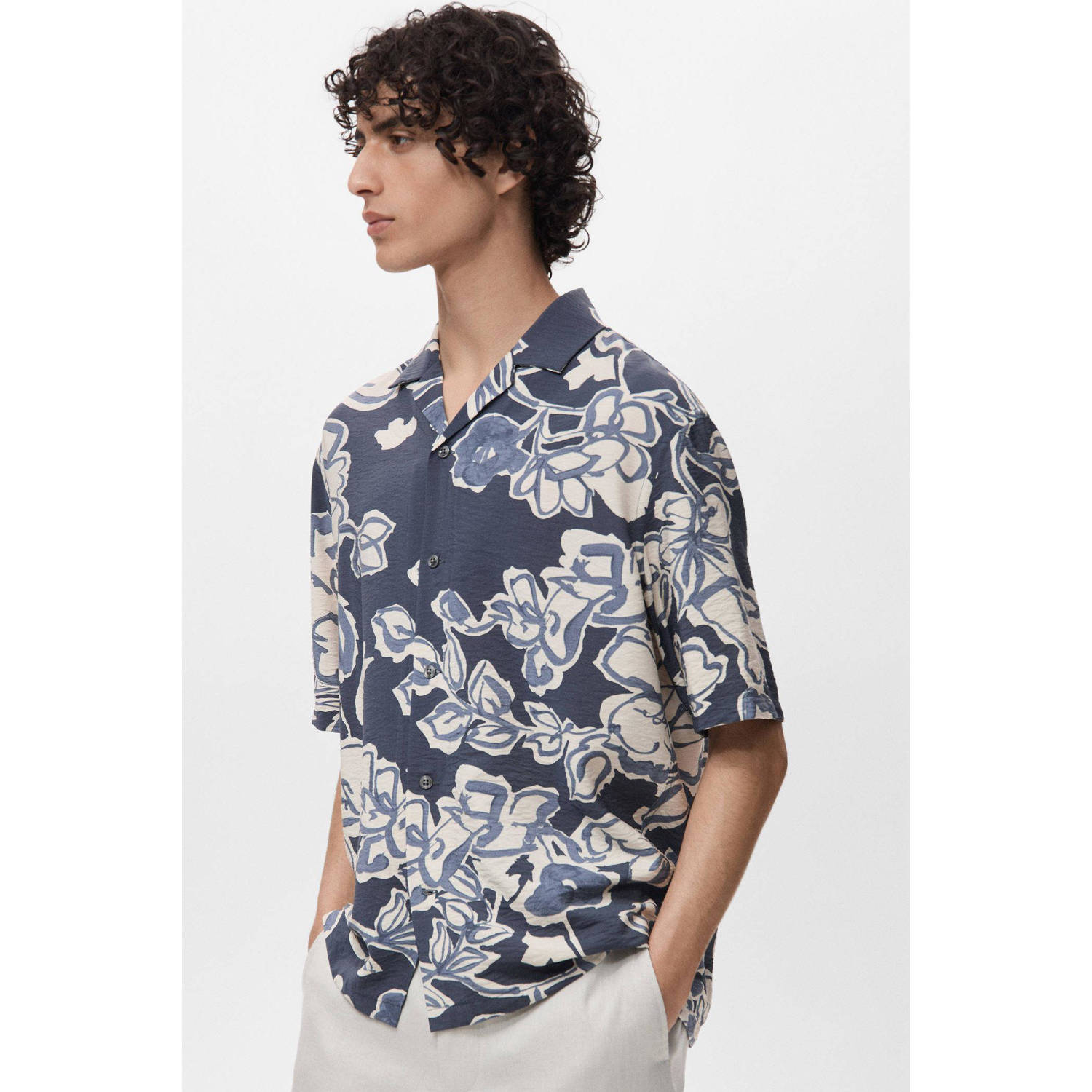 Mango Man casual overhemd met textuur donkerblauw
