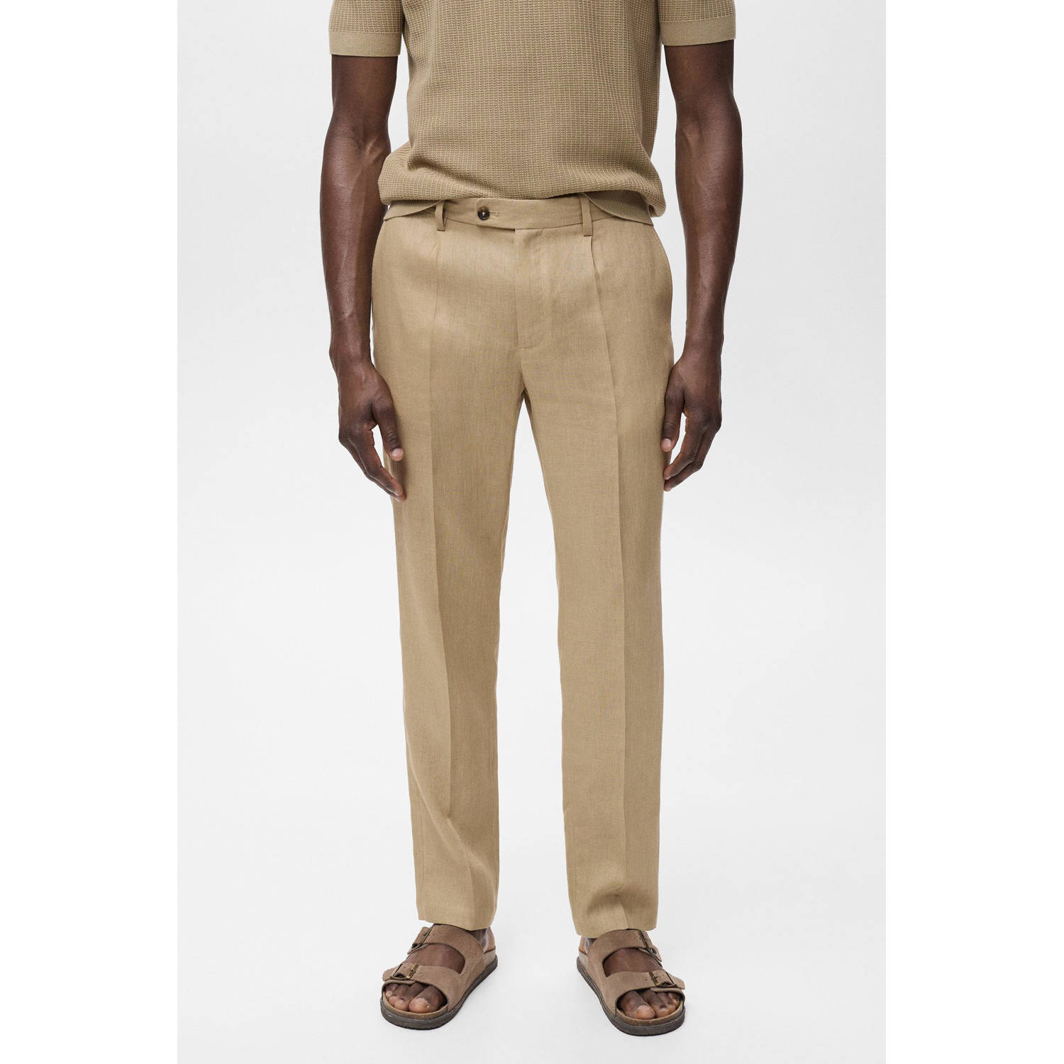 Mango Man linnen slim casual broek lichtbruin