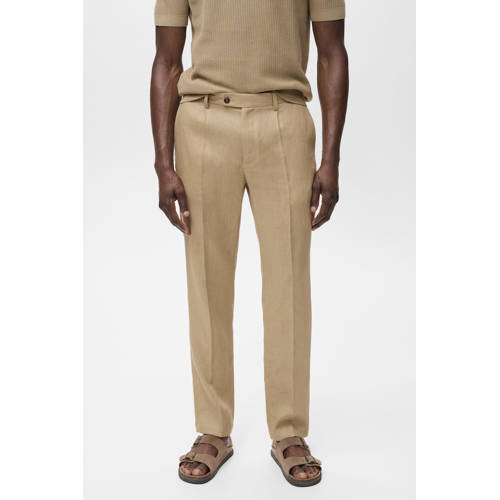 Mango Man linnen slim casual broek lichtbruin afbeelding