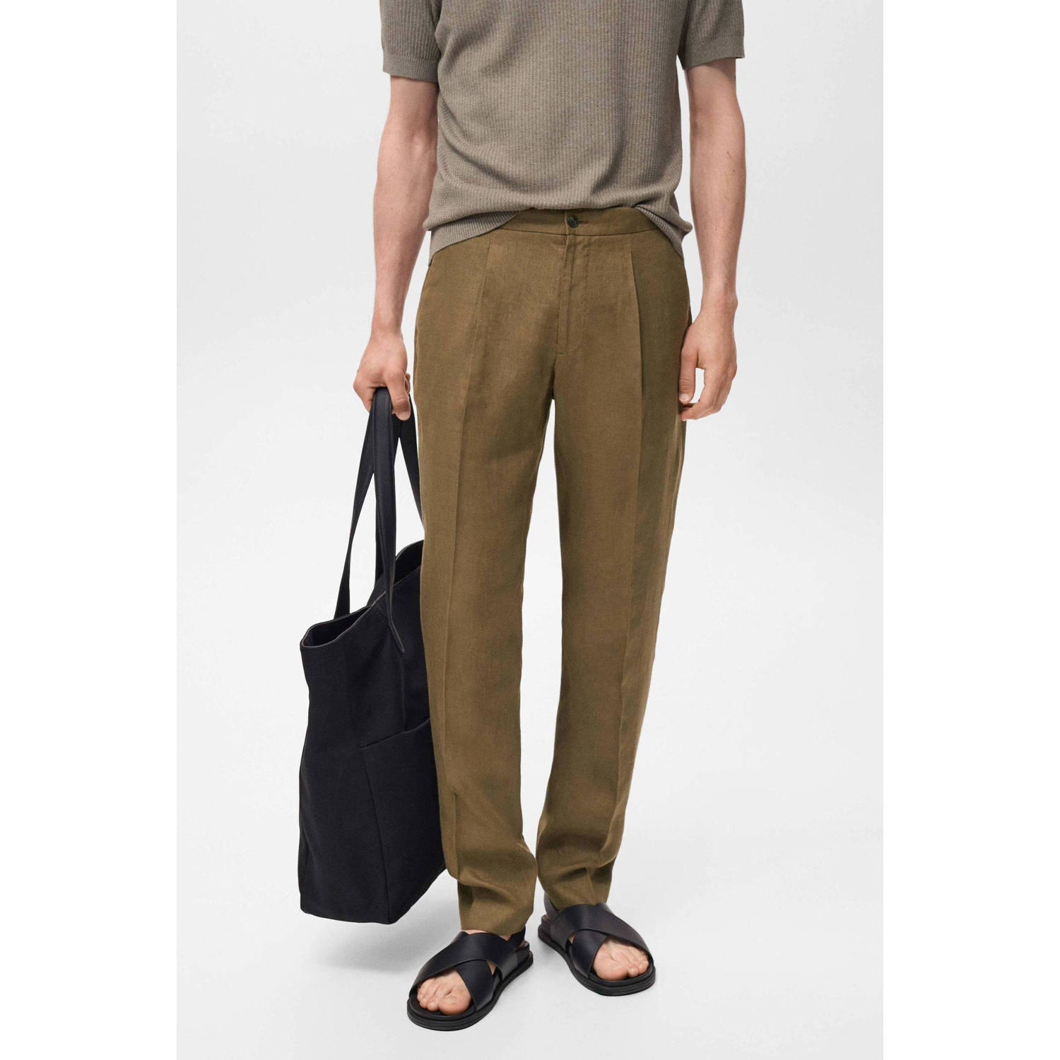 Mango Man linnen slim pantalon kaki