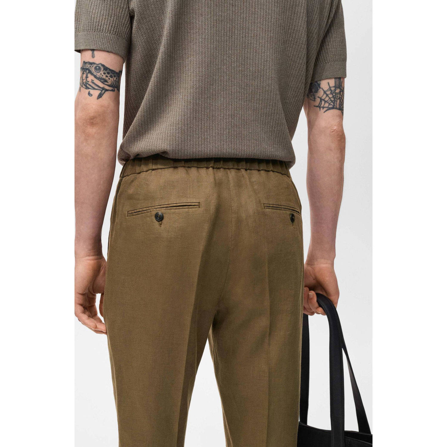 Mango Man linnen slim pantalon kaki