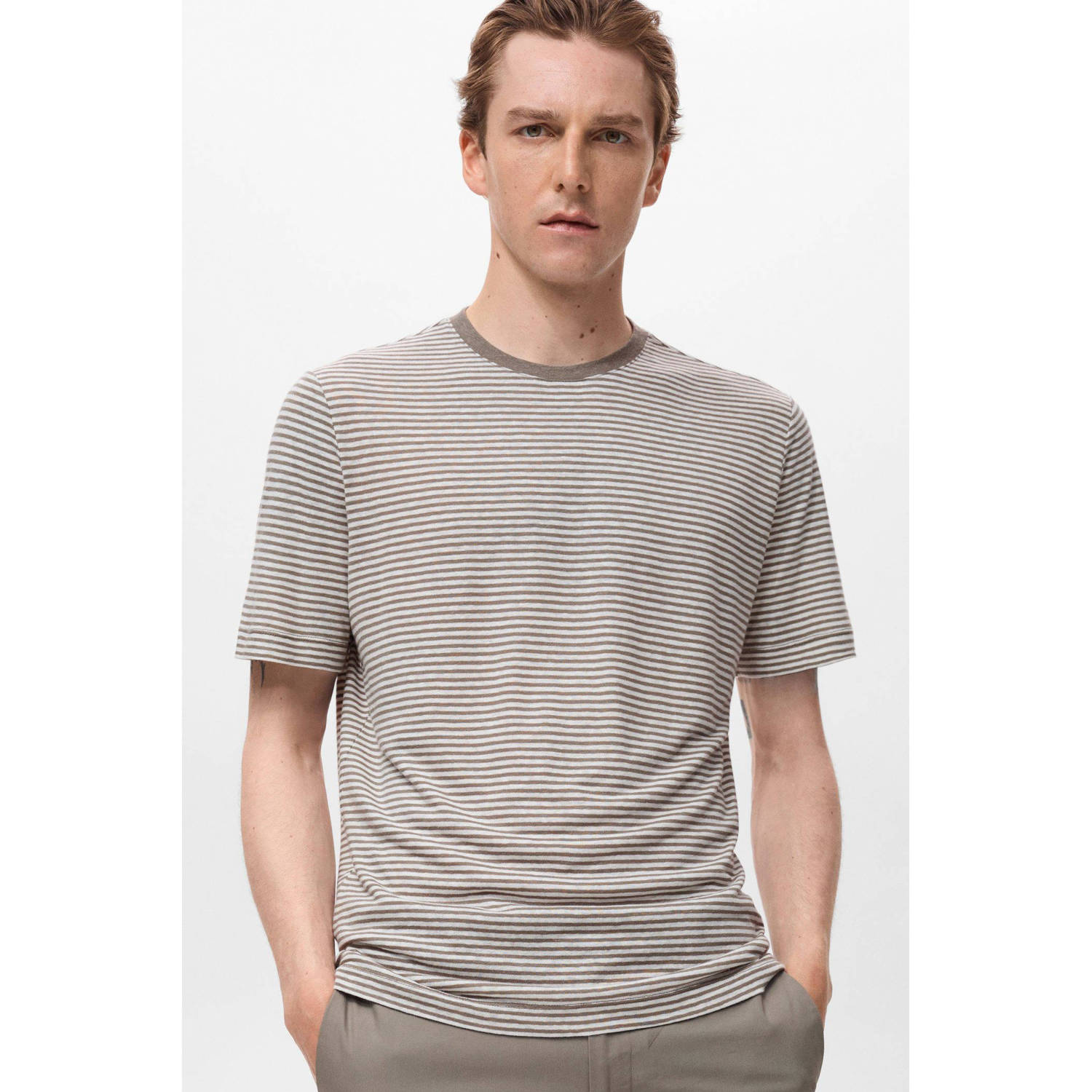 Mango Man linnen T-shirt bruin
