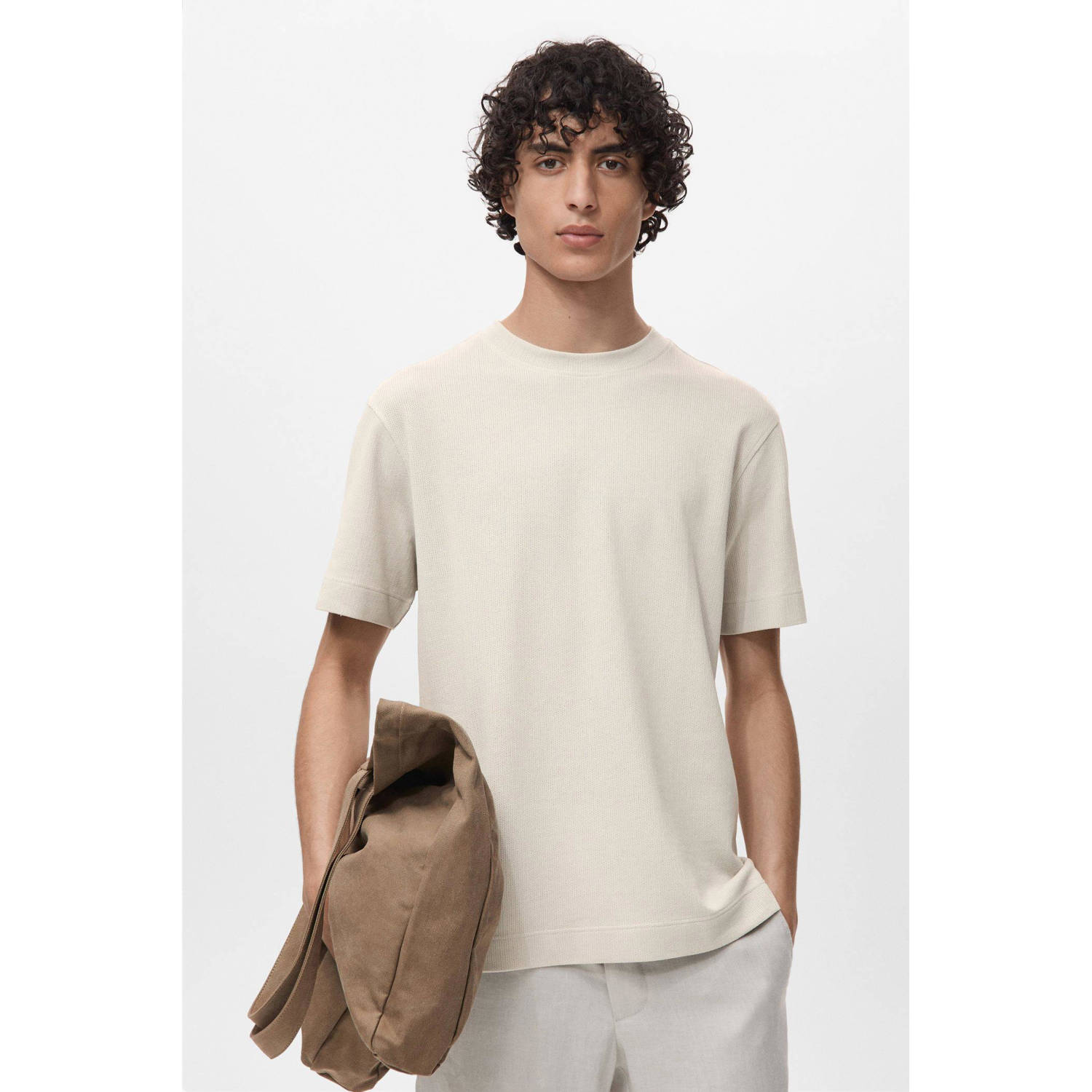 Mango Man T-shirt met textuur taupe