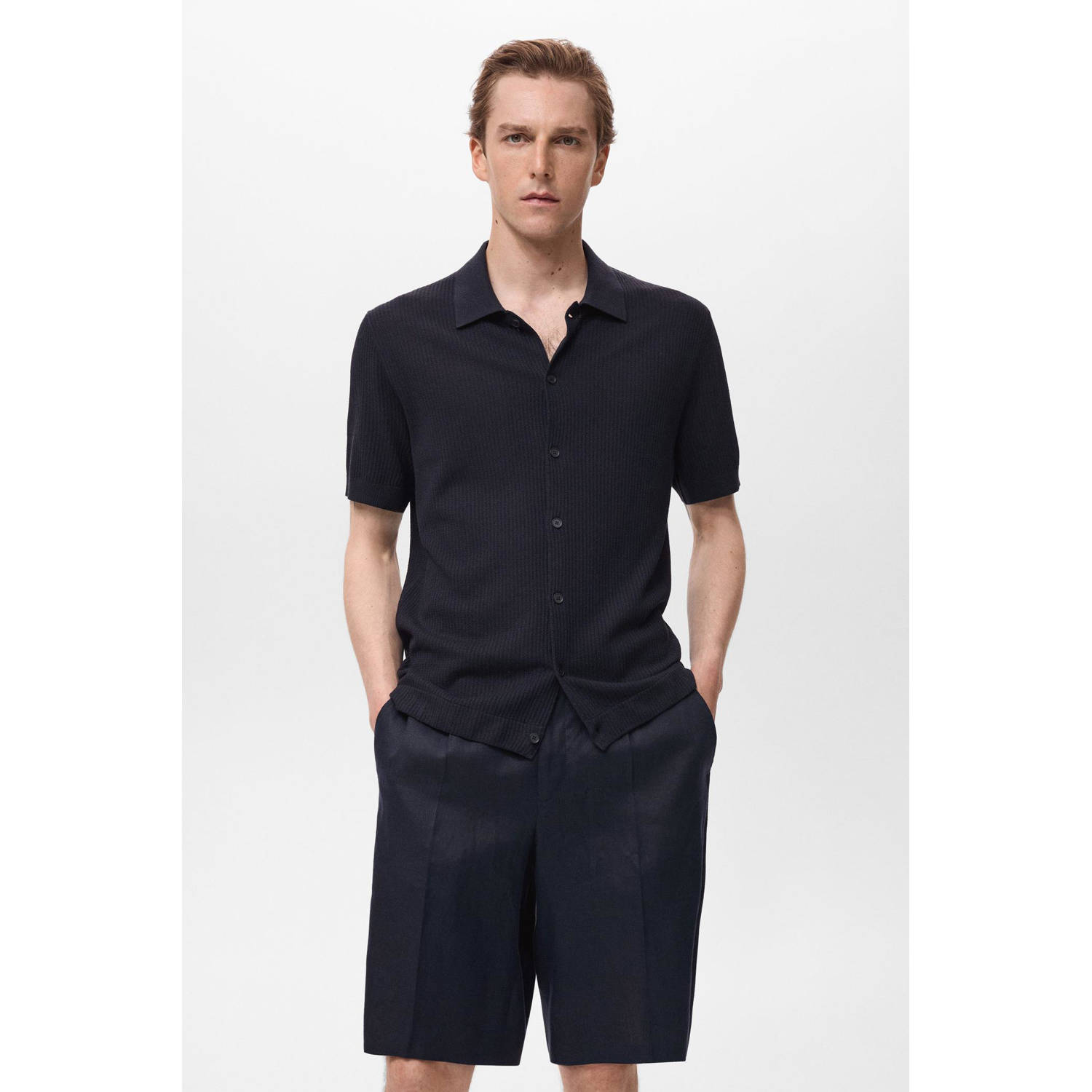 Mango Man linnen casual overhemd rib gebreid donkerblauw