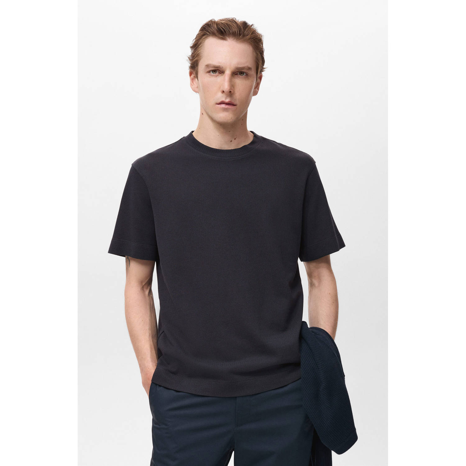 Mango Man T-shirt met textuur donkerblauw