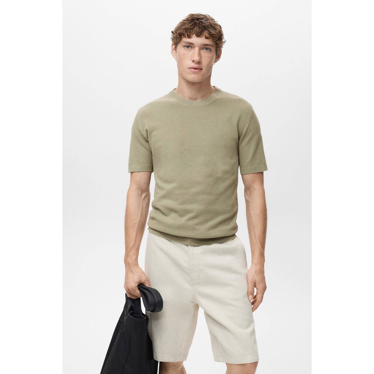 Mango Man T-shirt fijn gebreid kaki