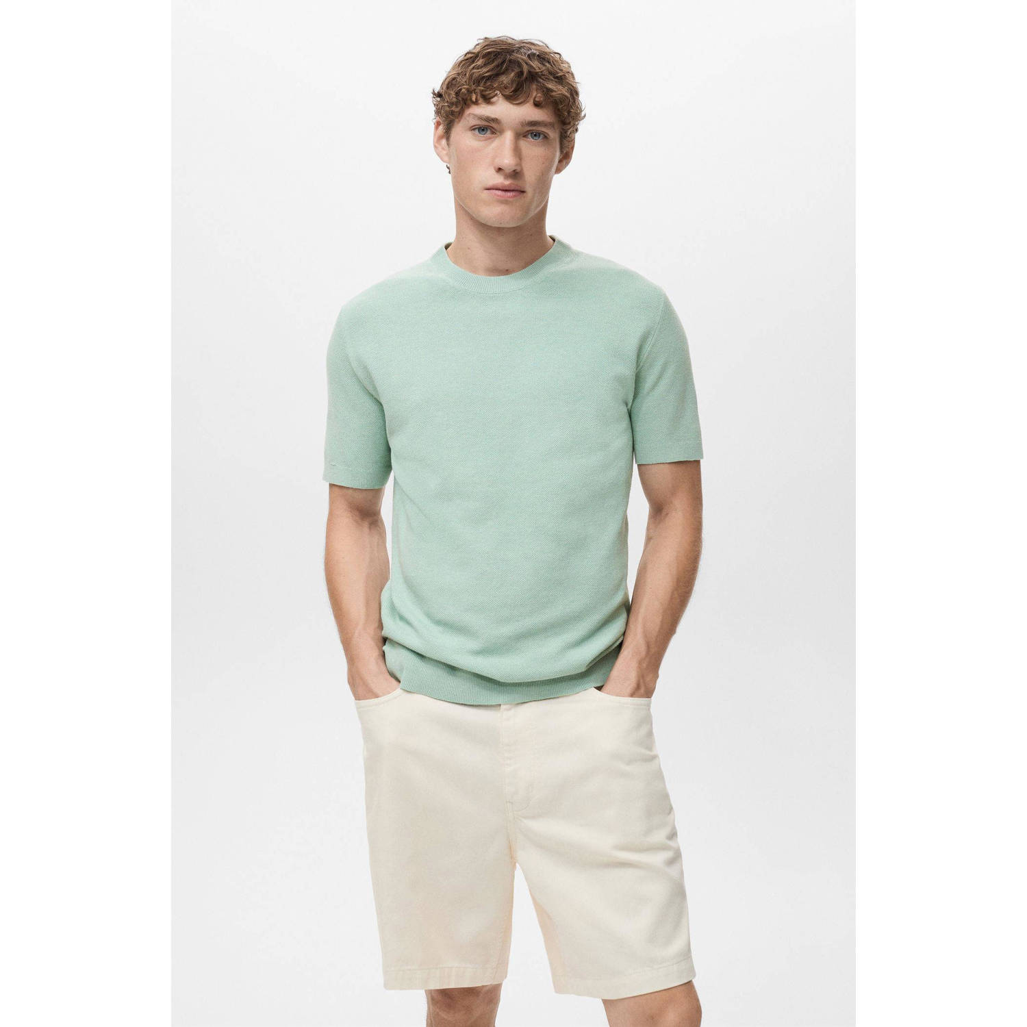 Mango Man T-shirt fijn gebreid mintgroen