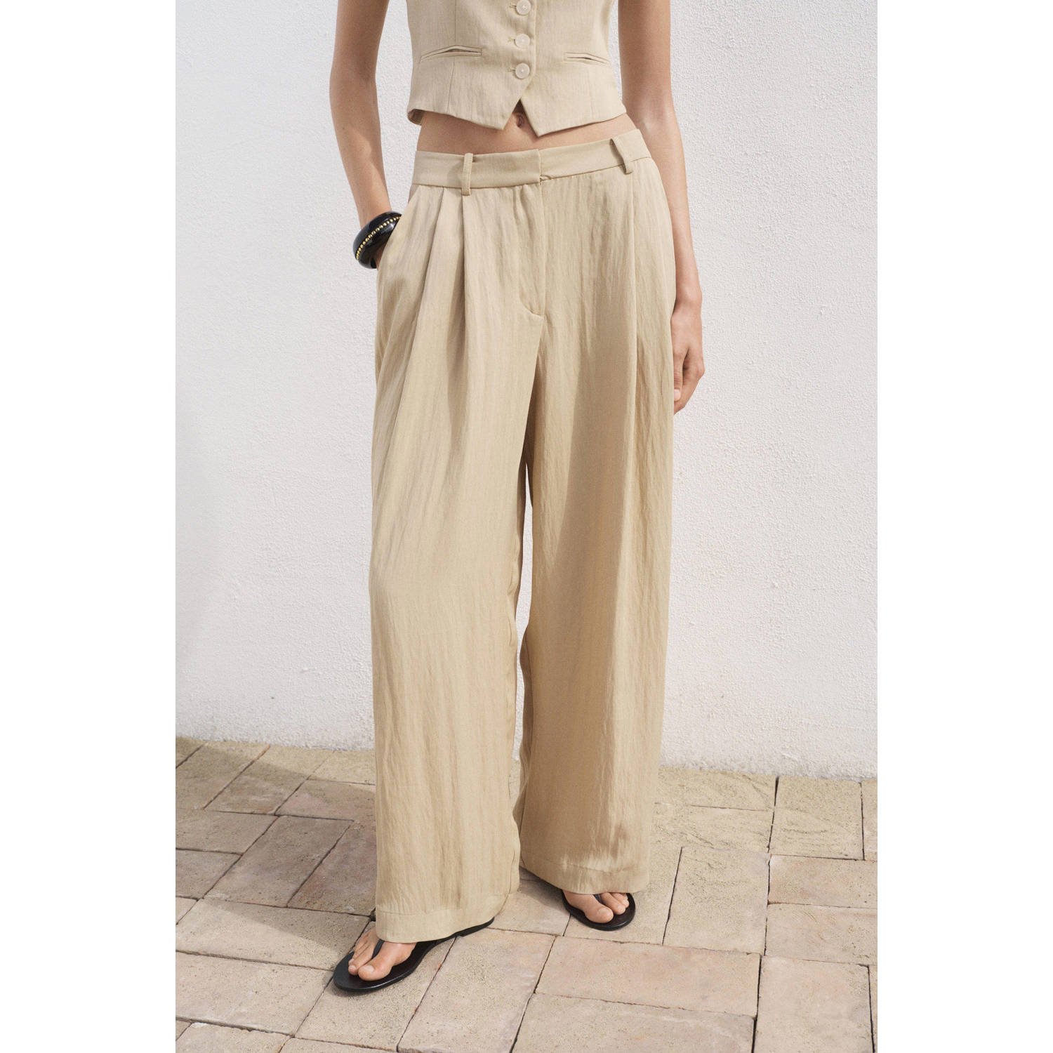 Mango wide leg regular waist pantalon beige