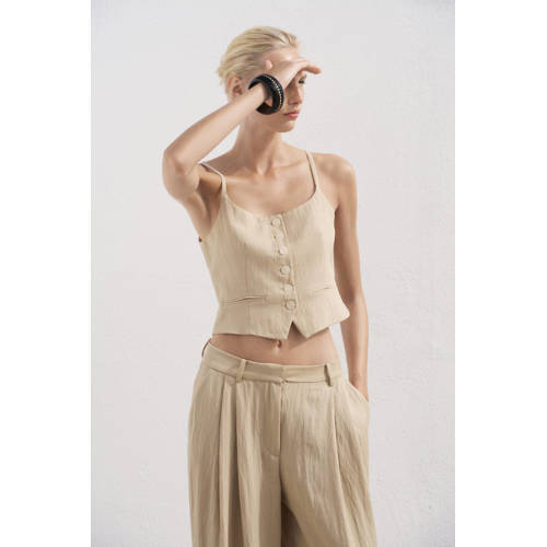 Mango wide leg regular waist pantalon beige afbeelding