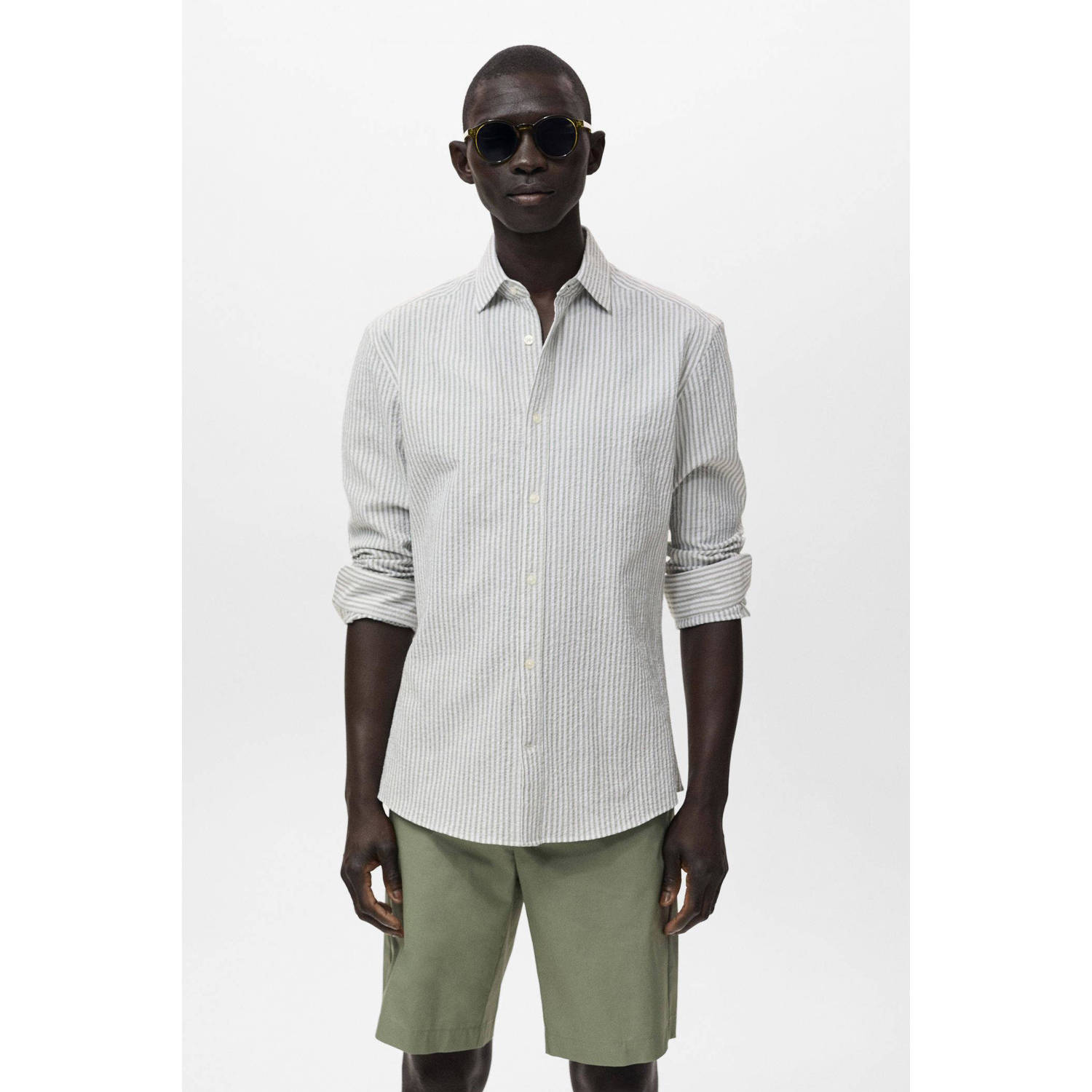 Mango Man casual overhemd met textuur donkergroen