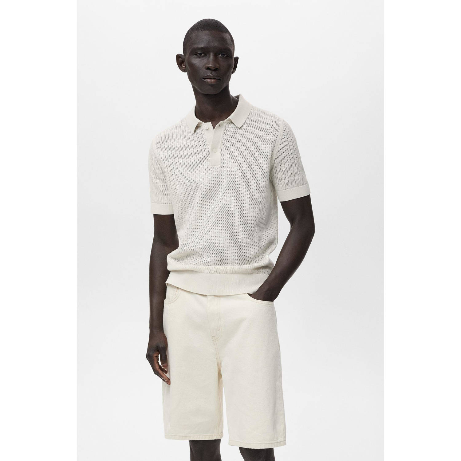 Mango Man regular polo met ingebreid patroon ecru