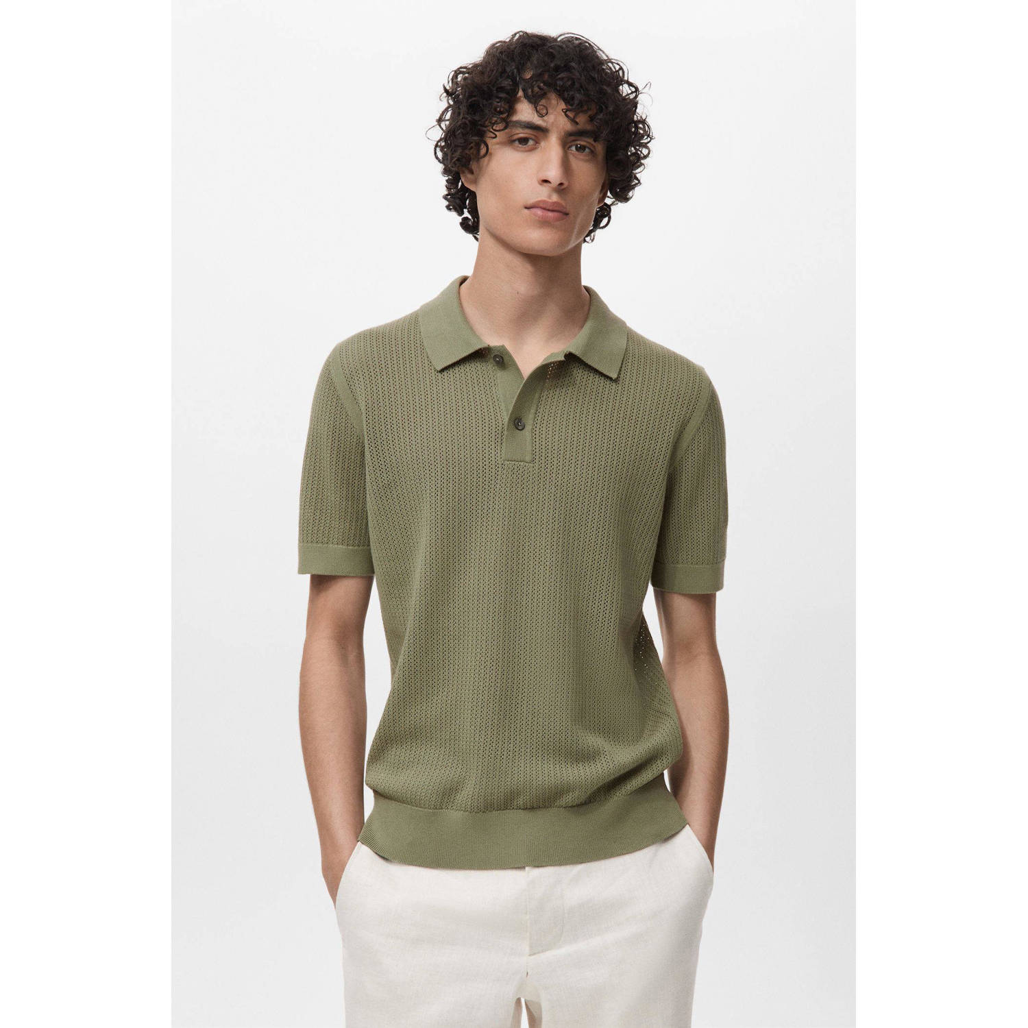 Mango Man regular polo met ingebreid patroon groen