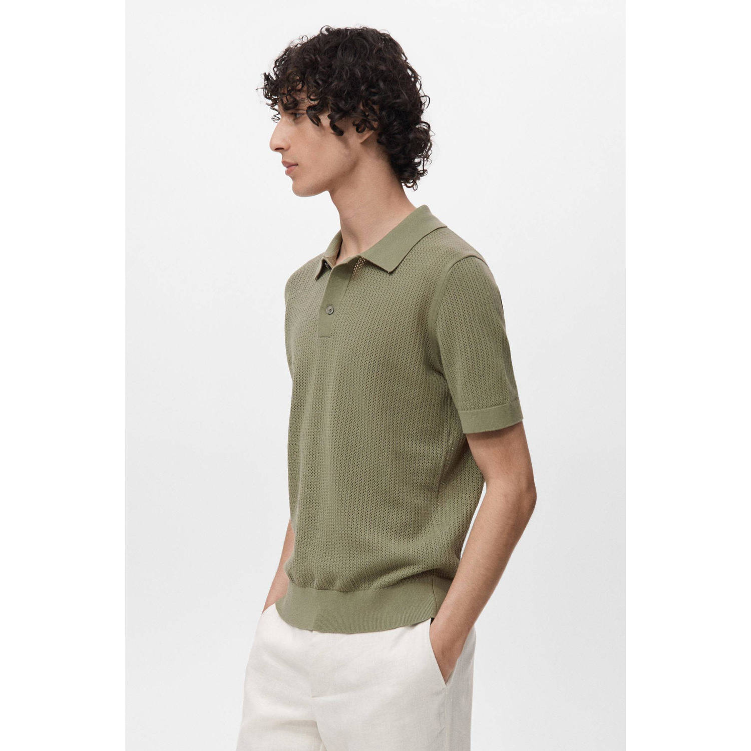 Mango Man regular polo met ingebreid patroon groen