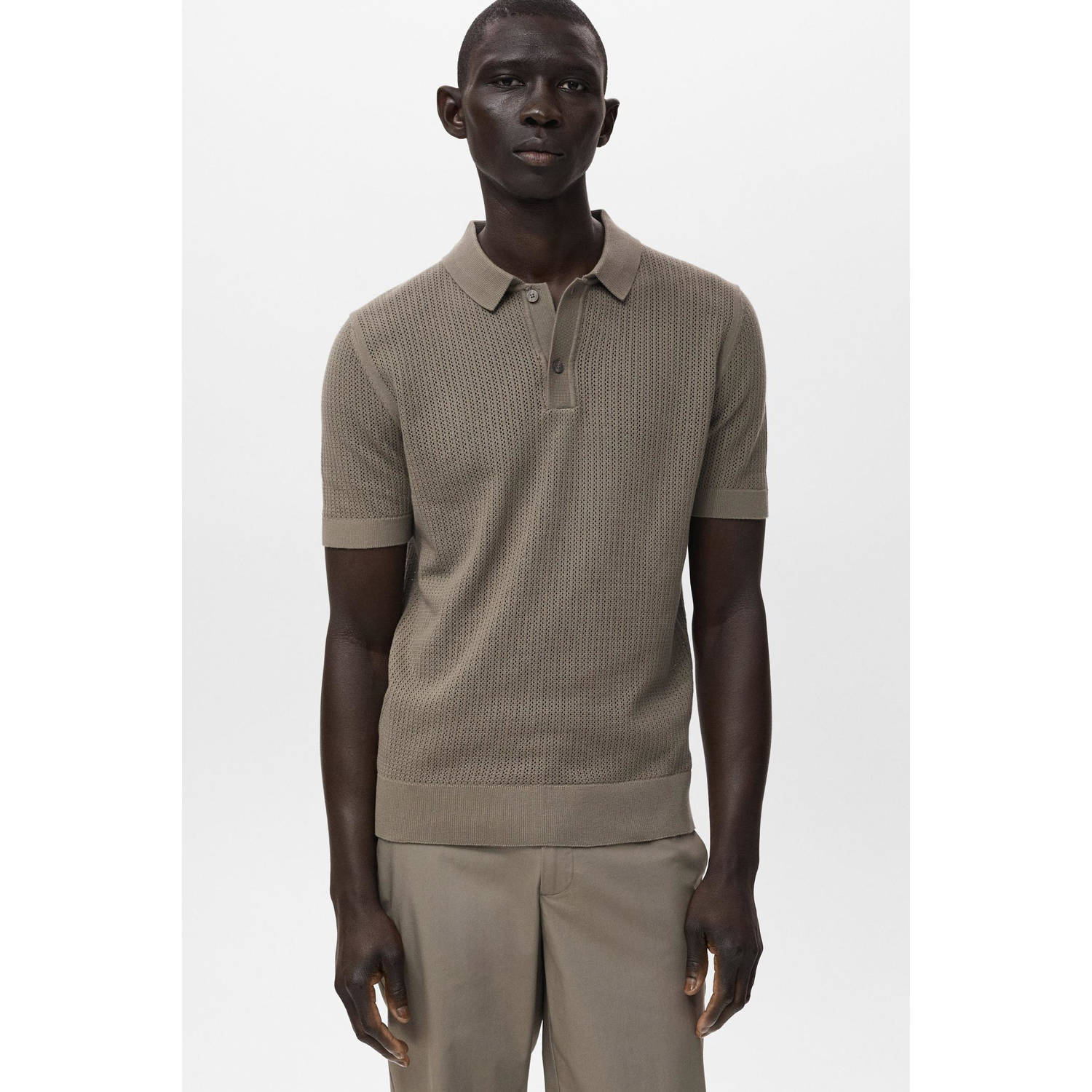 Mango Man regular polo met ingebreid patroon olijfgroen