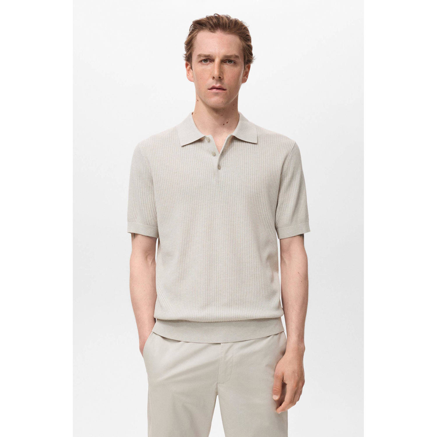 Mango Man regular polo rib gebreid taupe