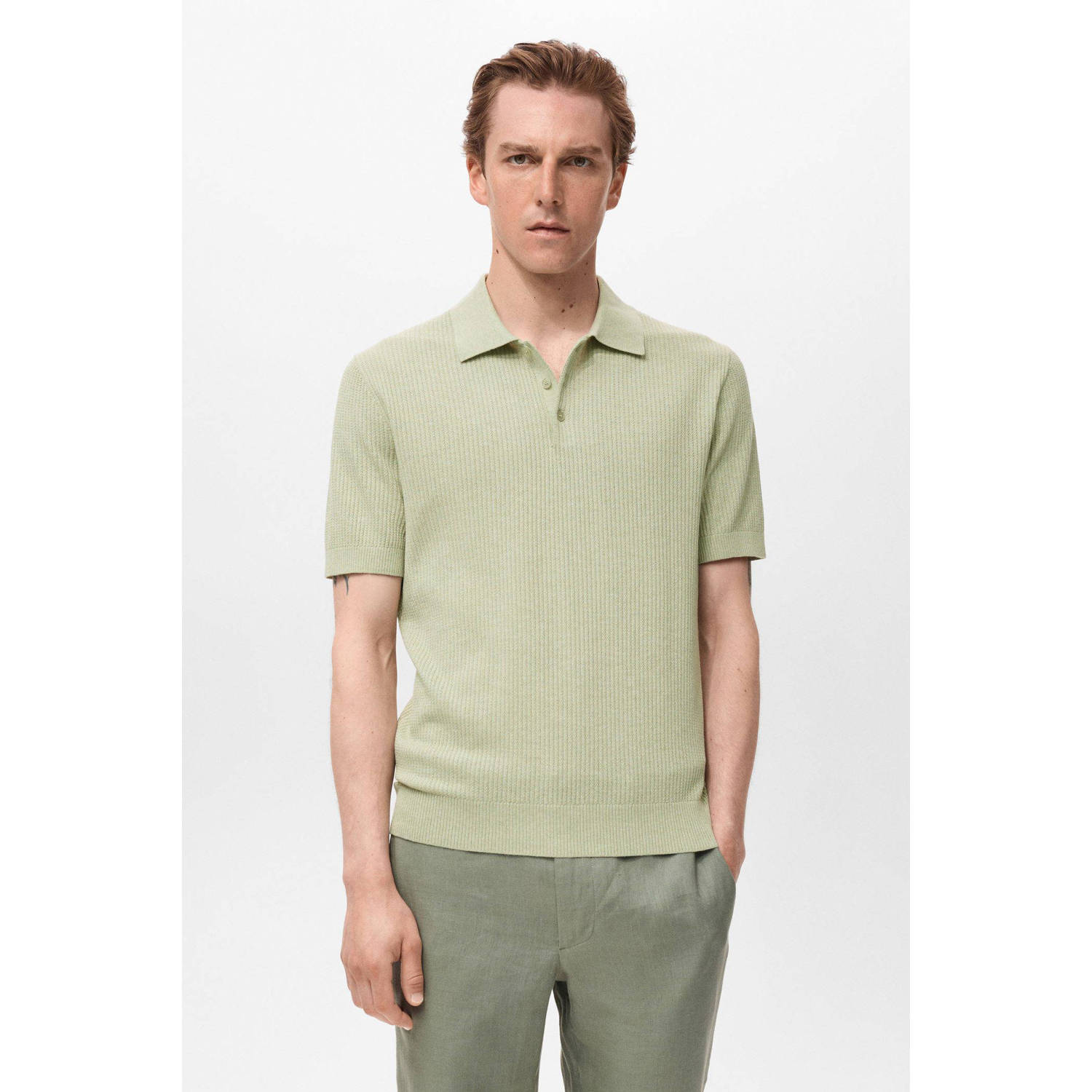 Mango Man regular polo rib gebreid grijsgroen