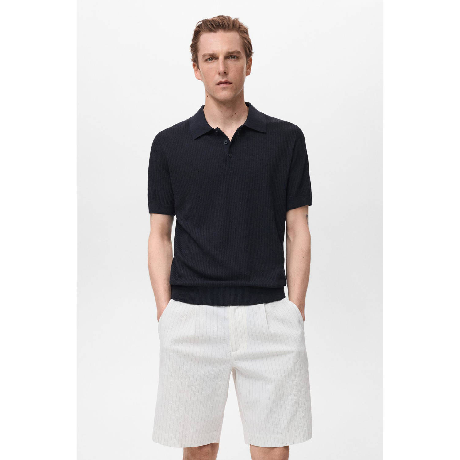 Mango Man regular polo rib gebreid donkerblauw