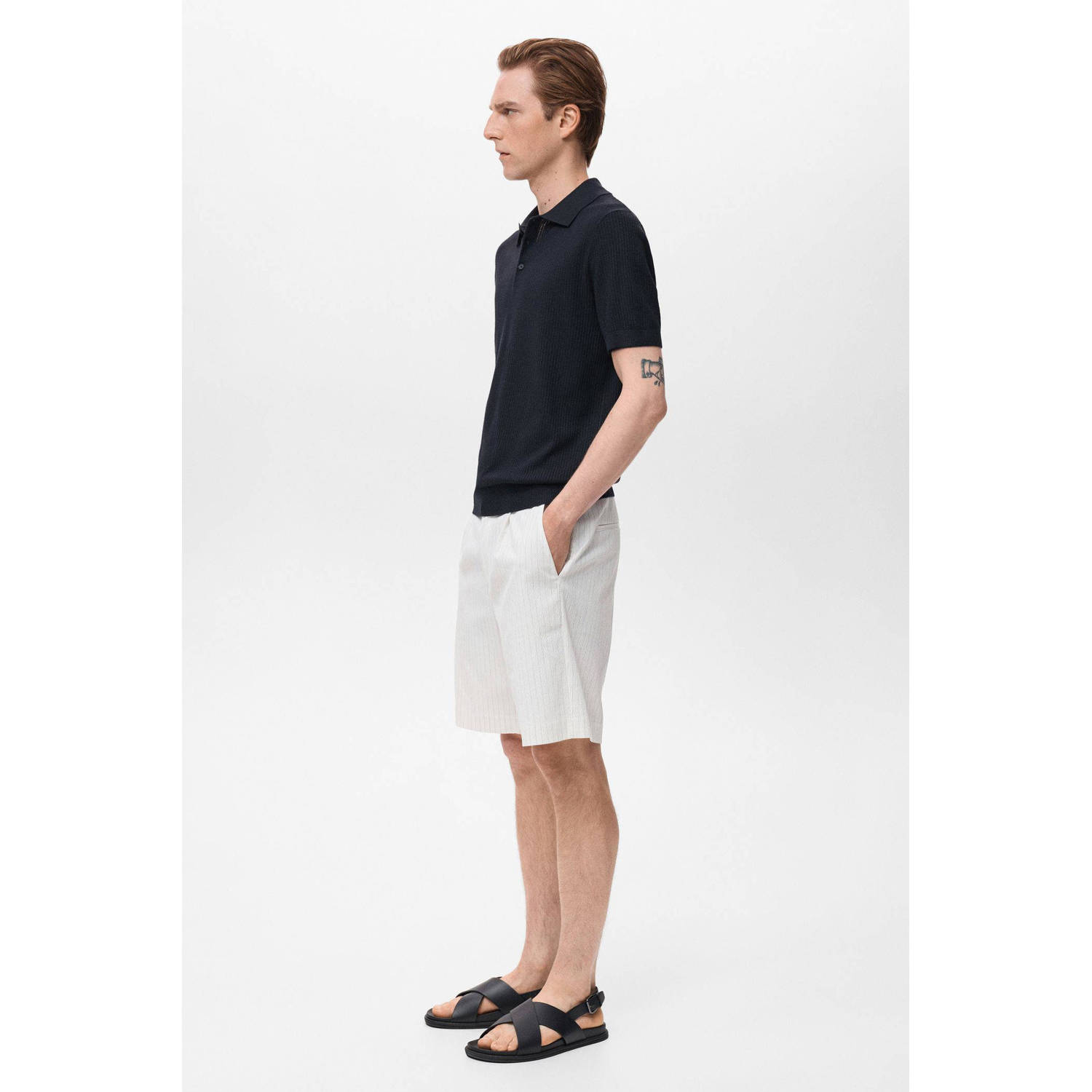 Mango Man regular polo rib gebreid donkerblauw