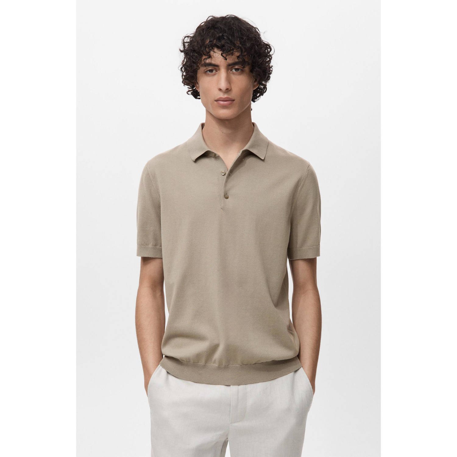 Mango Man regular polo fijn gebreid kaki