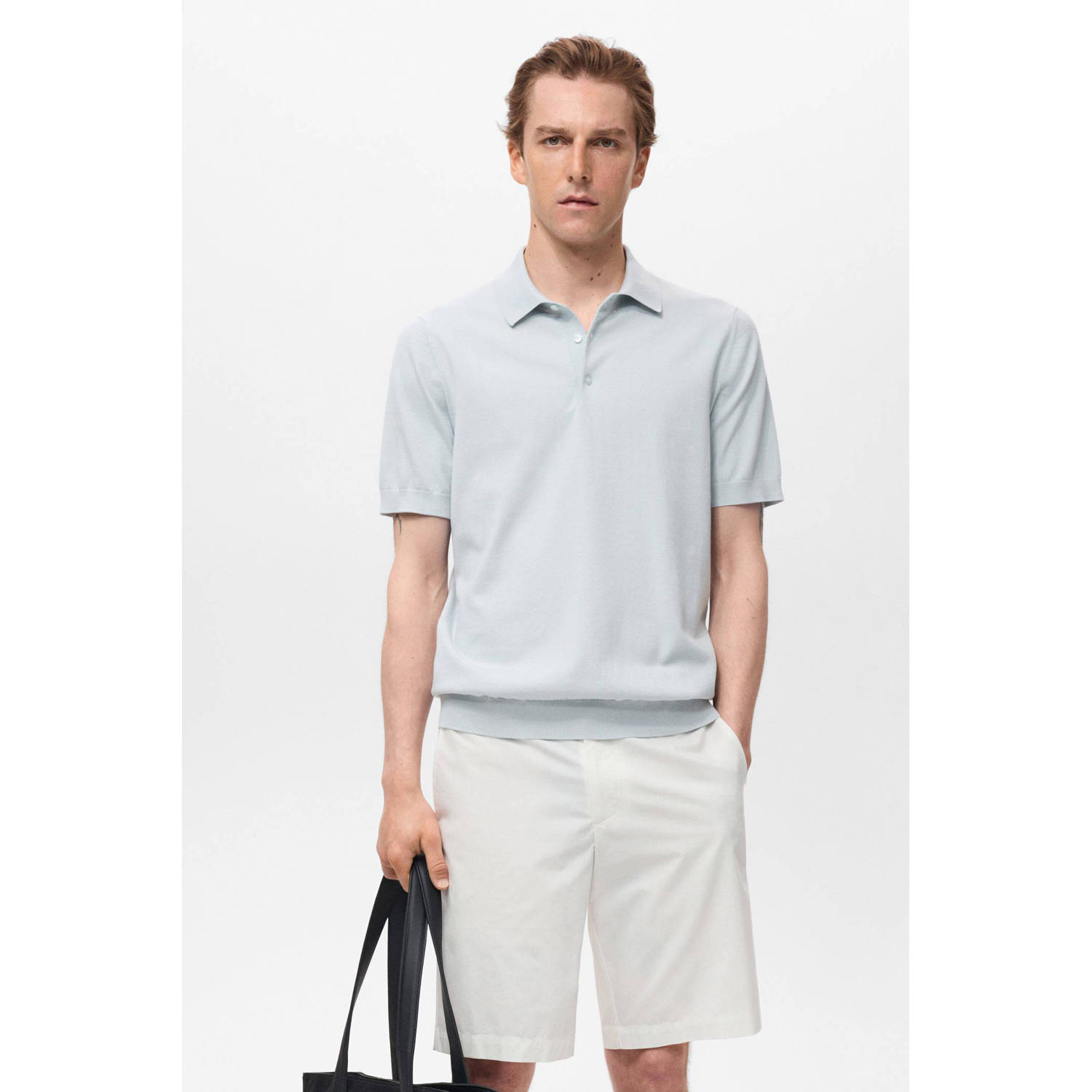 Mango Man regular polo fijn gebreid lichtblauw