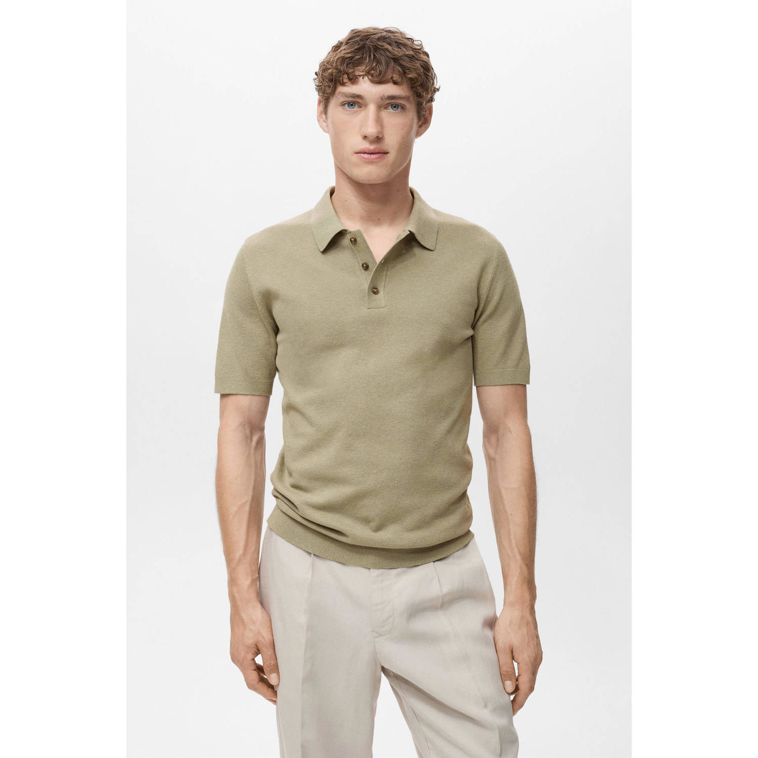 Mango Man rechtvallend polo gebreid kaki