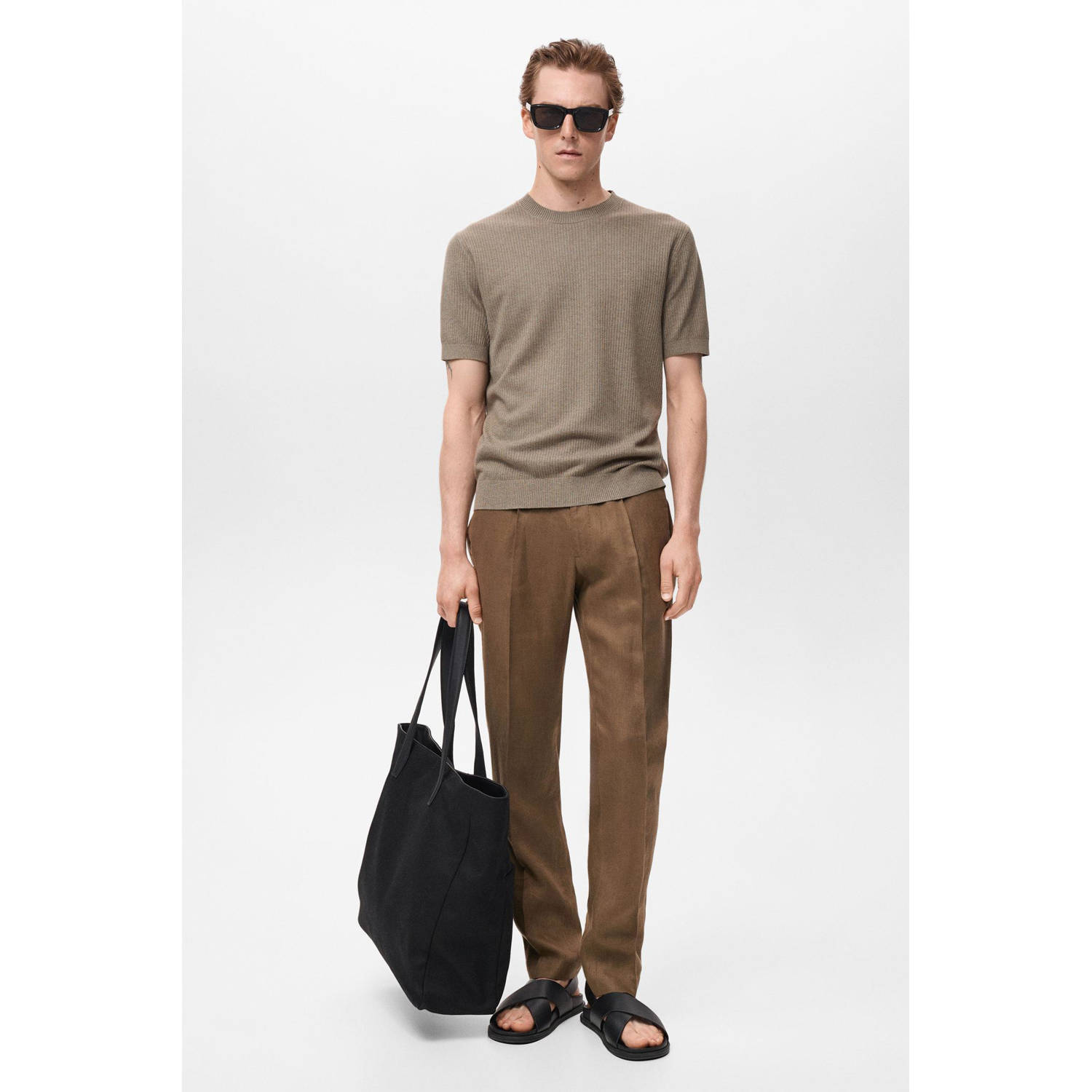 Mango Man linnen T-shirt rib gebreid olijfgroen