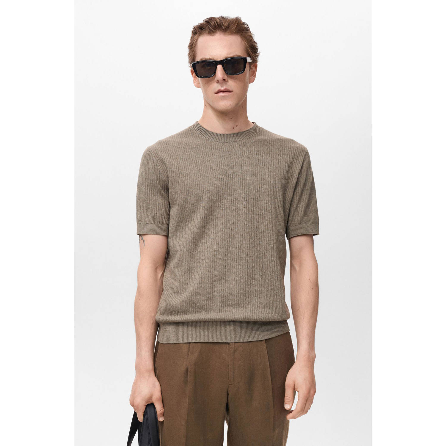 Mango Man linnen T-shirt rib gebreid olijfgroen