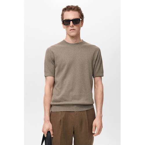 Mango Man linnen T-shirt rib gebreid olijfgroen afbeelding
