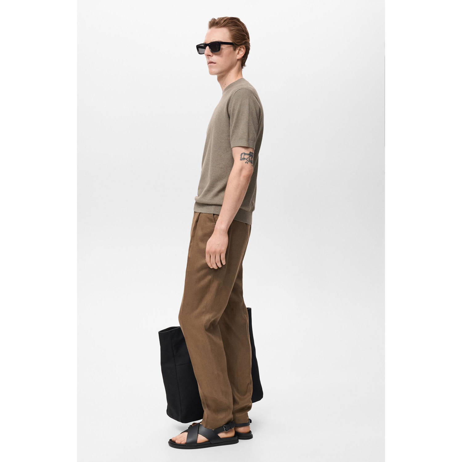 Mango Man linnen T-shirt rib gebreid olijfgroen