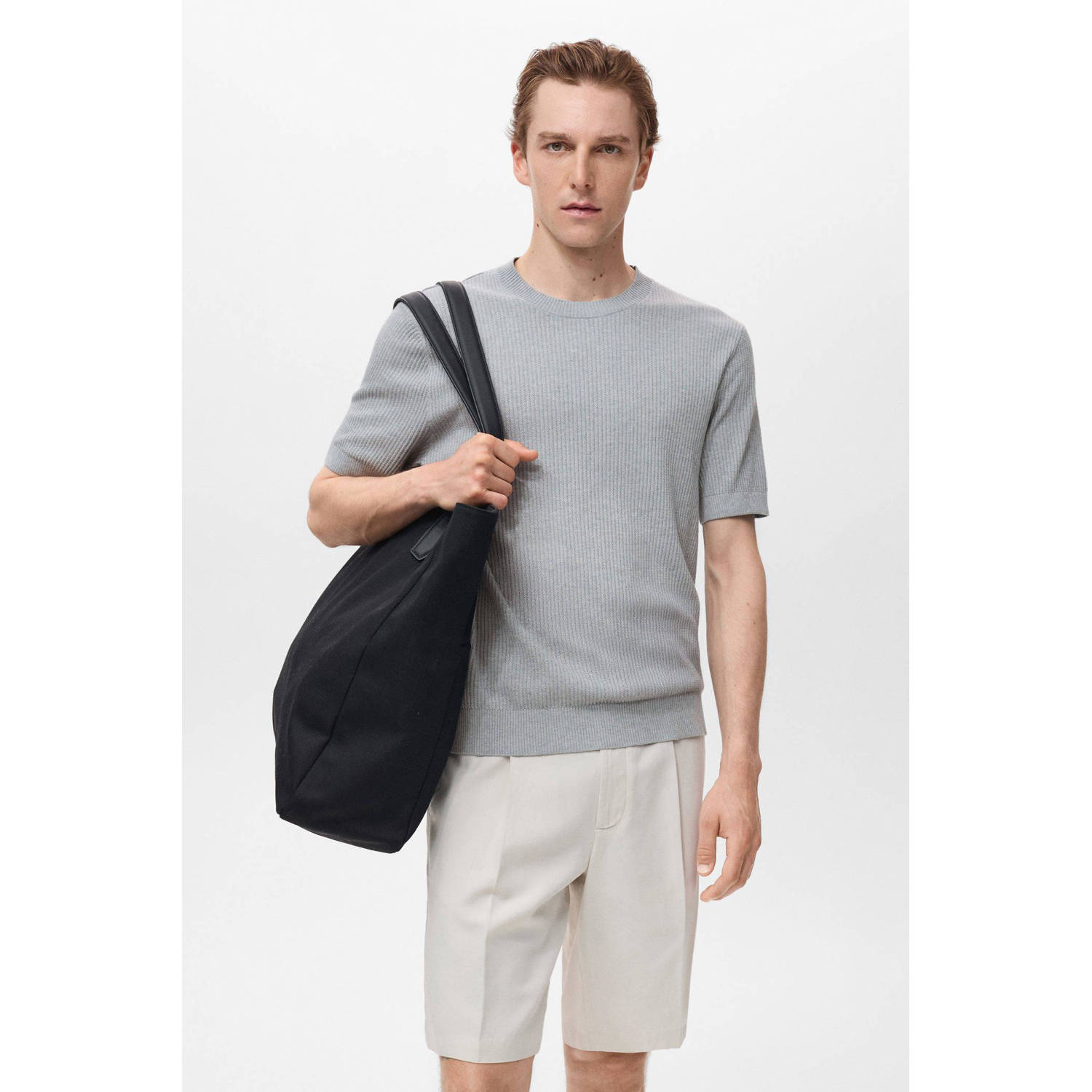 Mango Man linnen T-shirt rib gebreid grijsblauw