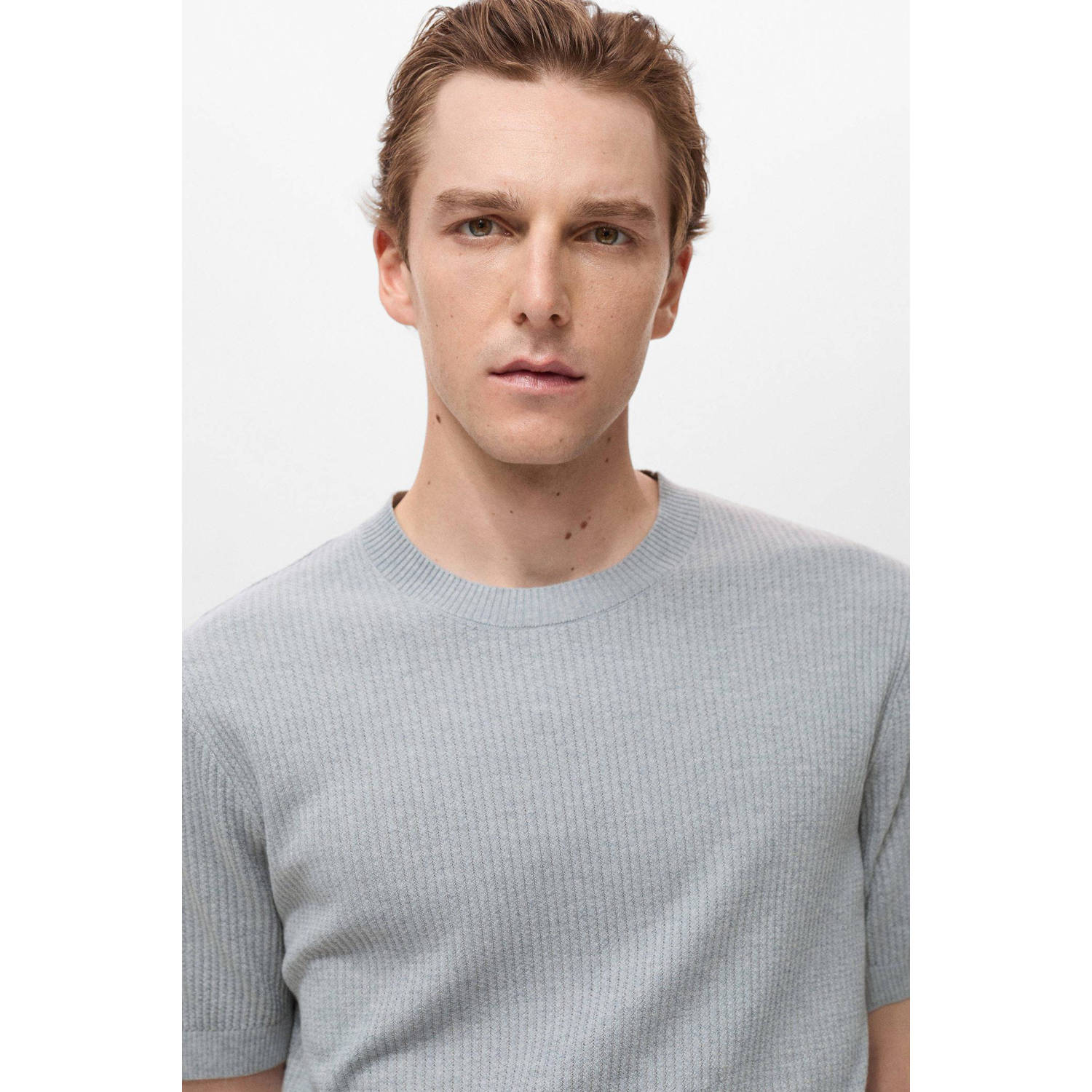 Mango Man linnen T-shirt rib gebreid grijsblauw