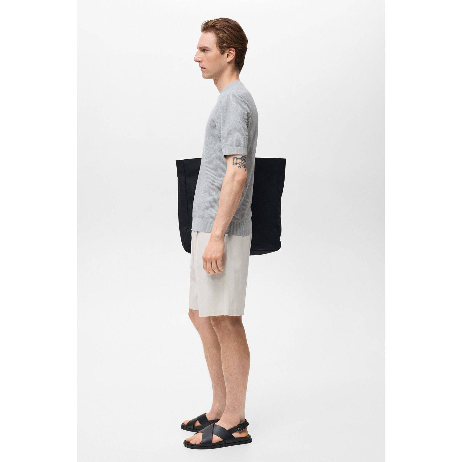 Mango Man linnen T-shirt rib gebreid grijsblauw