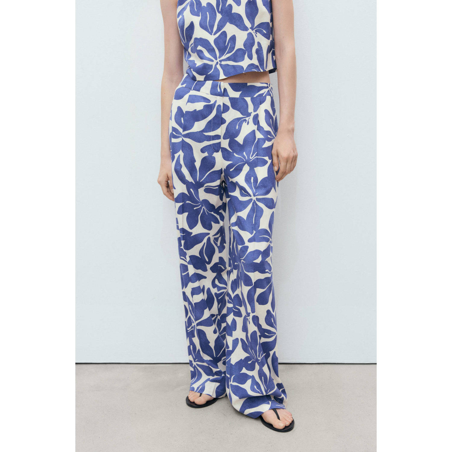Mango linnen wide leg high waist broek blauw