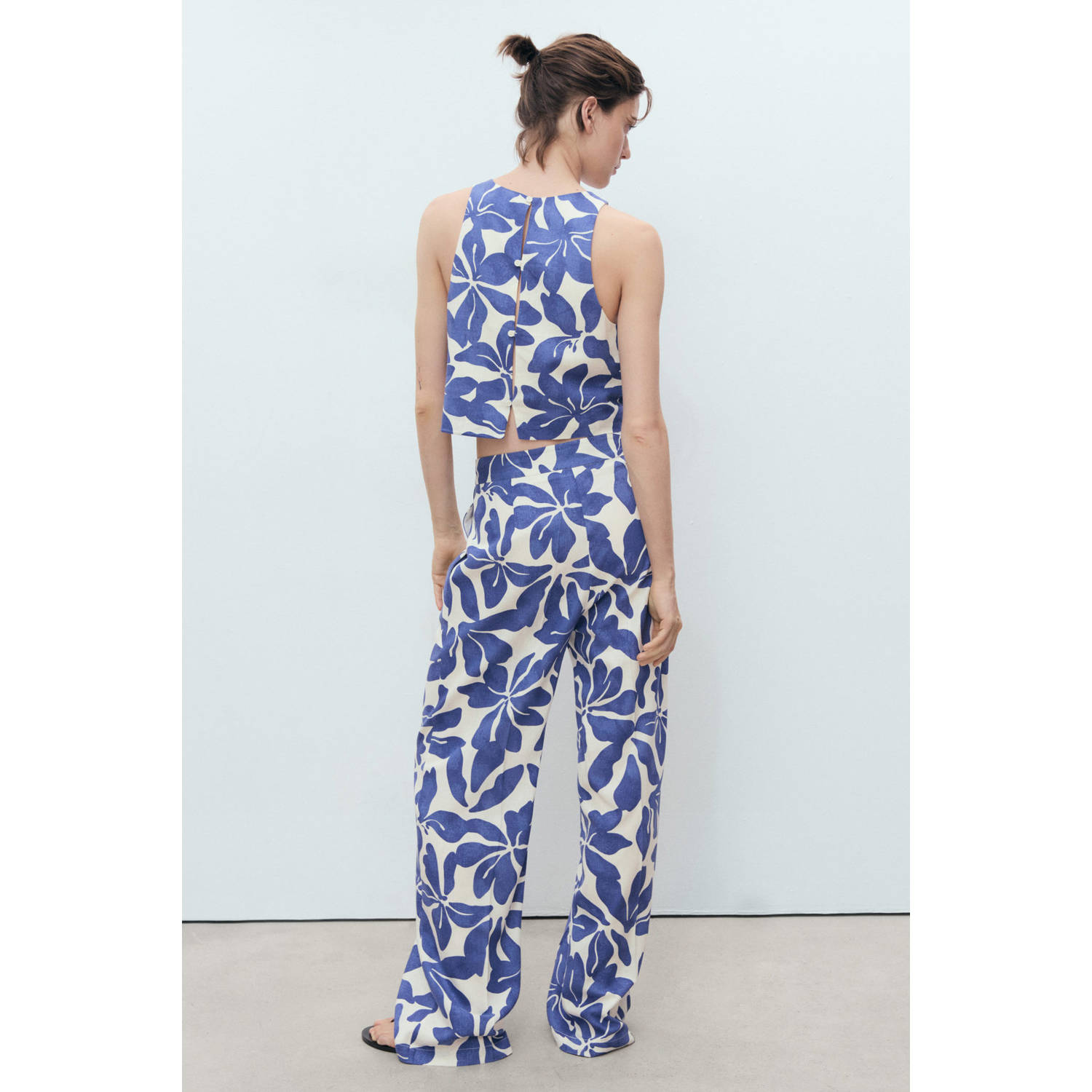 Mango linnen wide leg high waist broek blauw