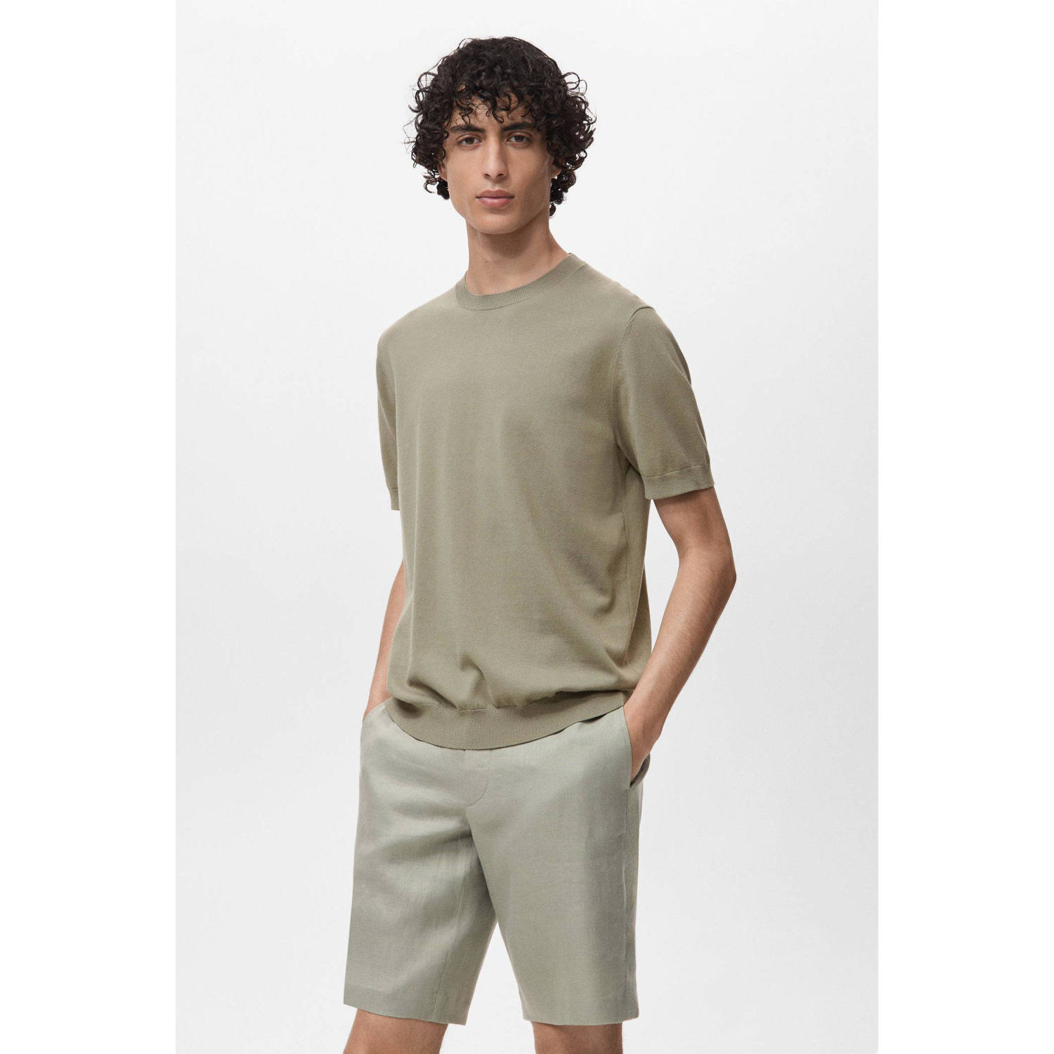 Mango Man T-shirt fijn gebreid kaki