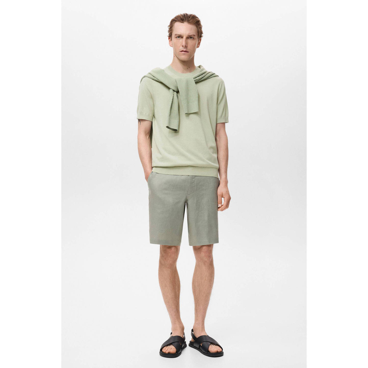Mango Man T-shirt fijn gebreid lichtgroen