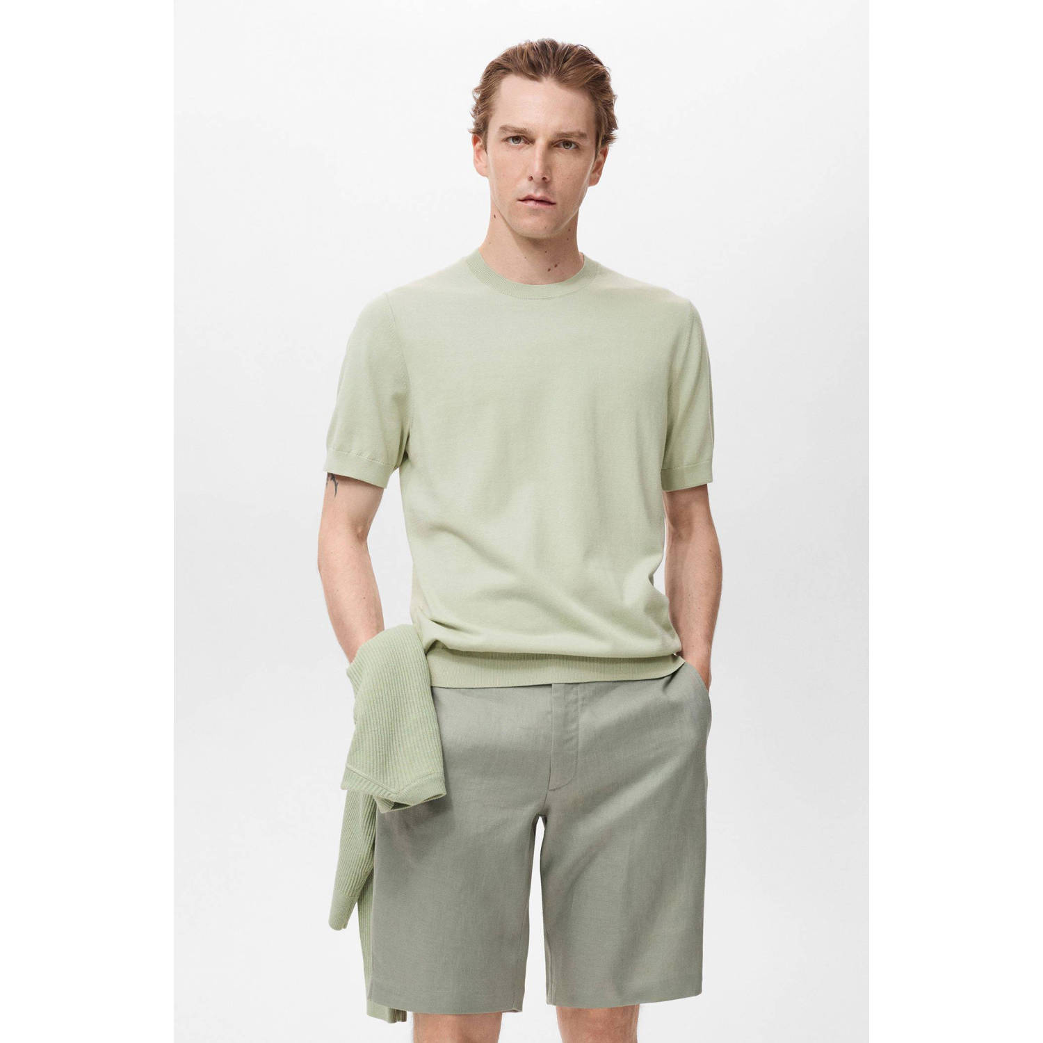Mango Man T-shirt fijn gebreid lichtgroen