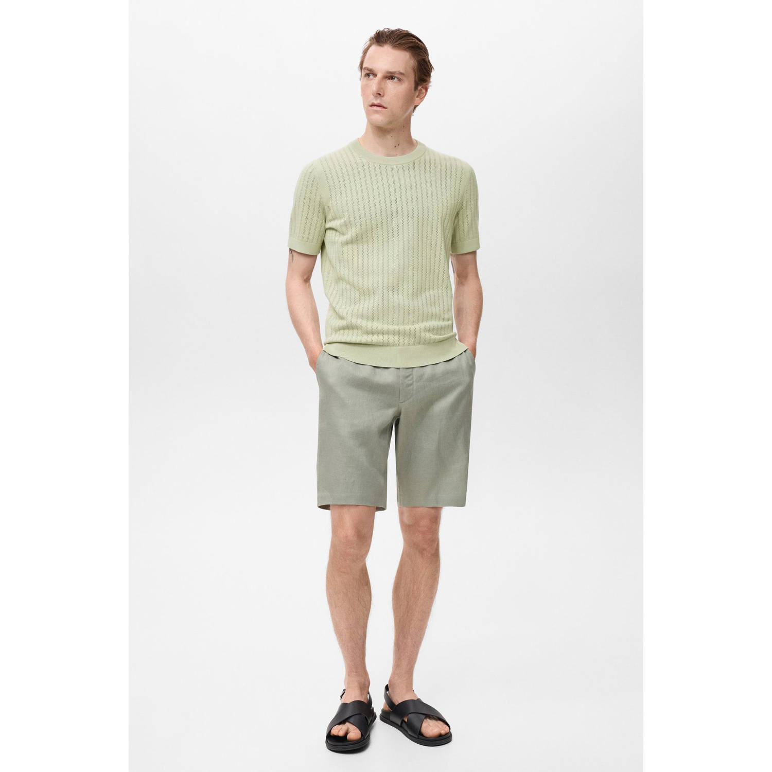 Mango Man T-shirt met ingebreid patroon lichtgroen