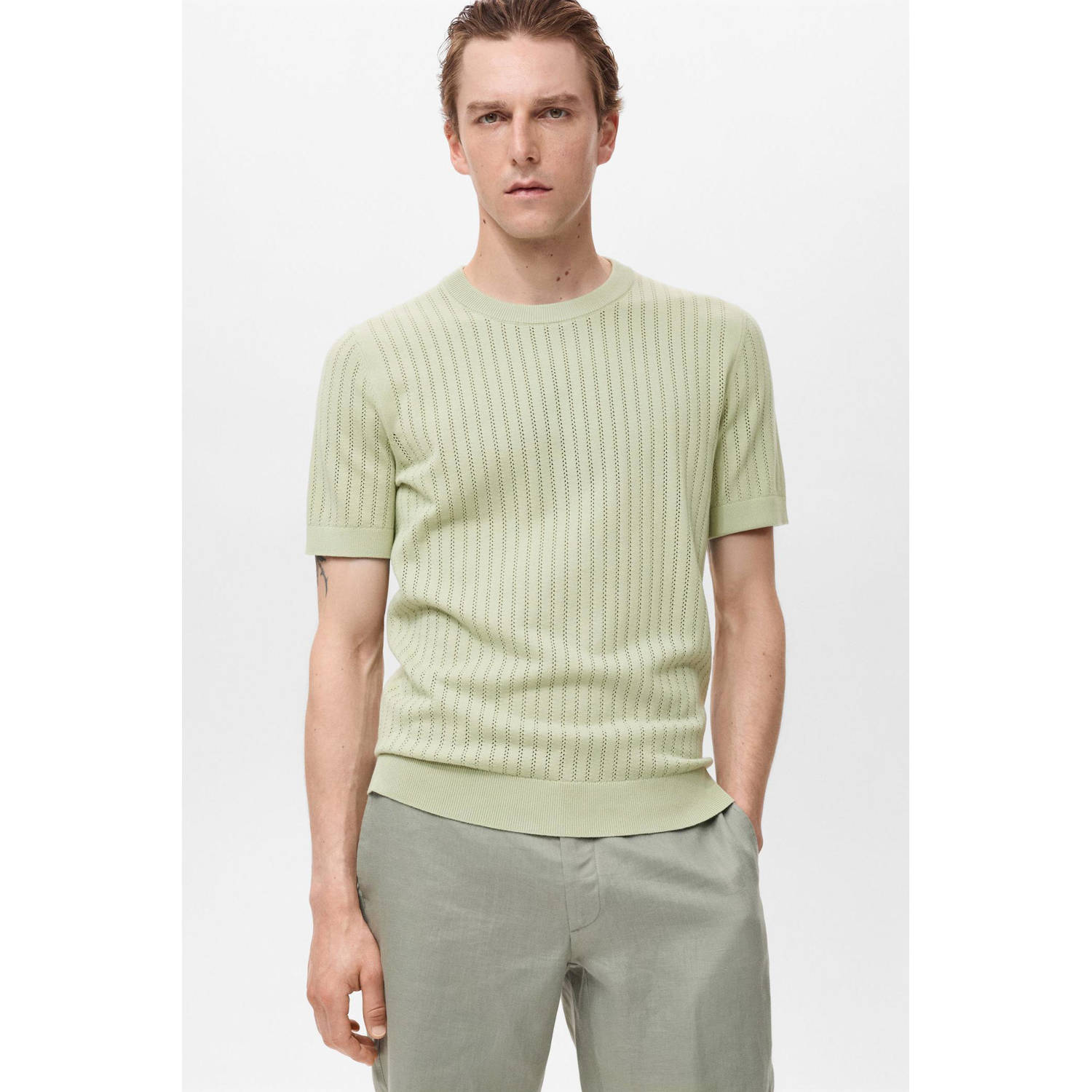 Mango Man T-shirt met ingebreid patroon lichtgroen
