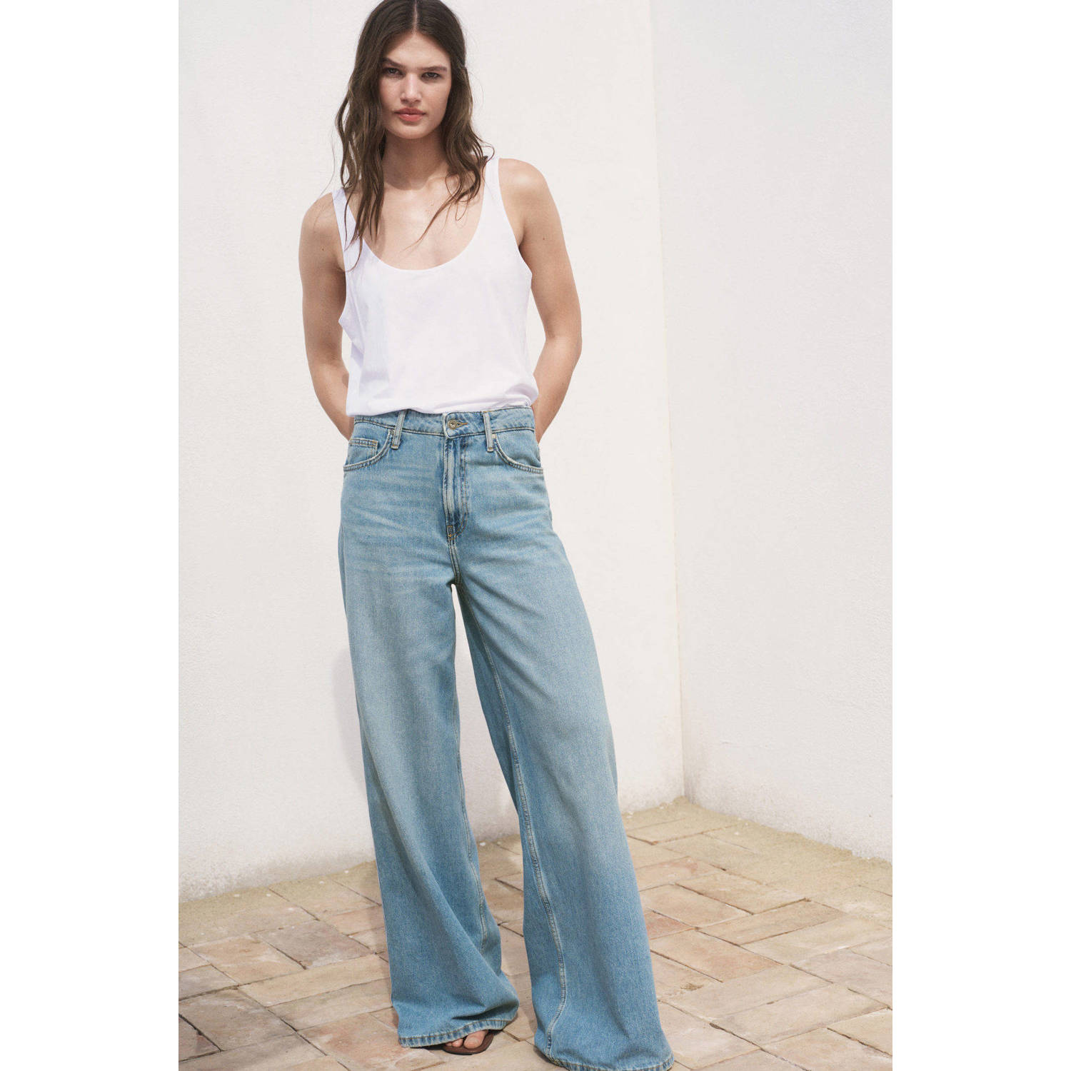 Mango high waist wide leg jeans medium blue denim