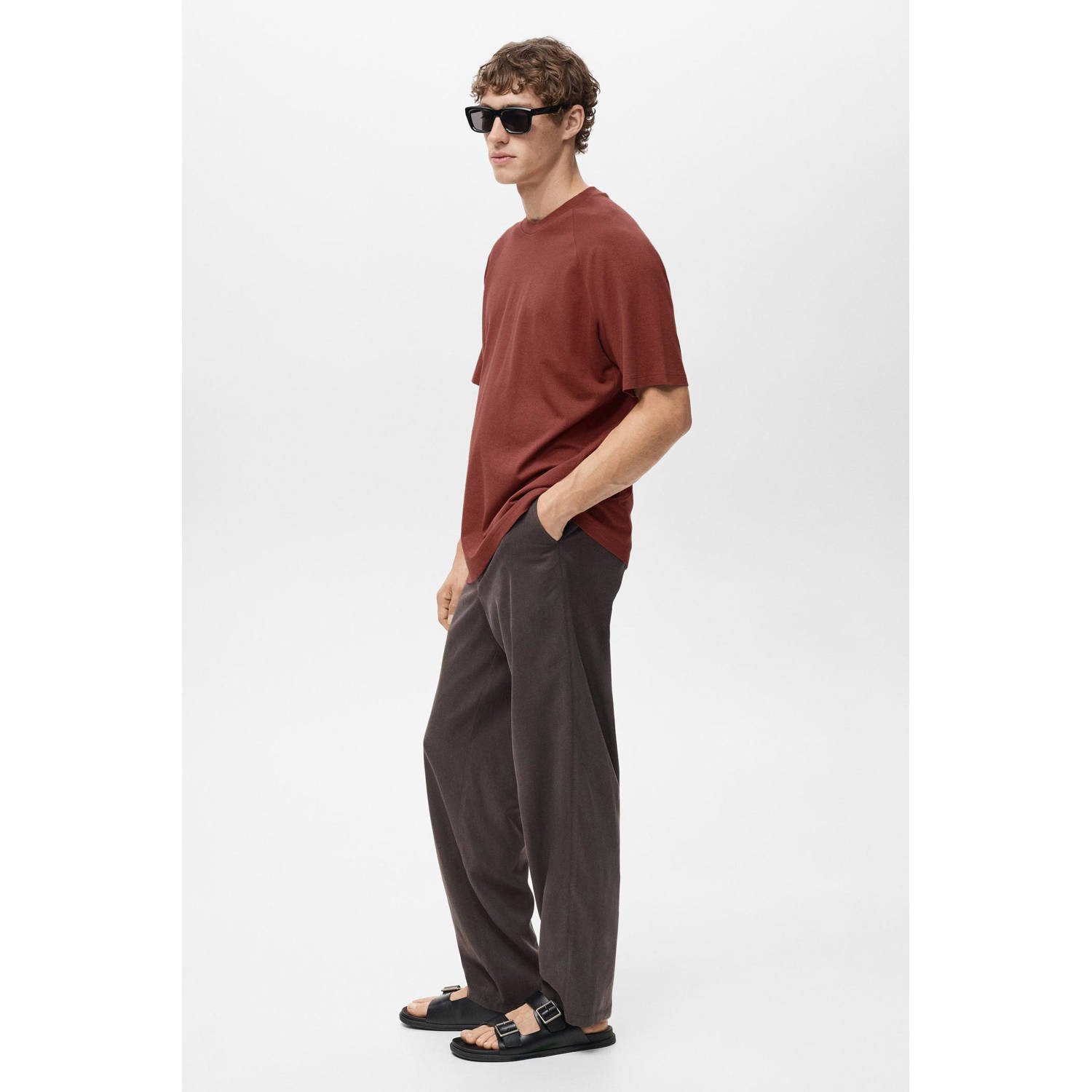 Mango Man linnen T-shirt roodbruin