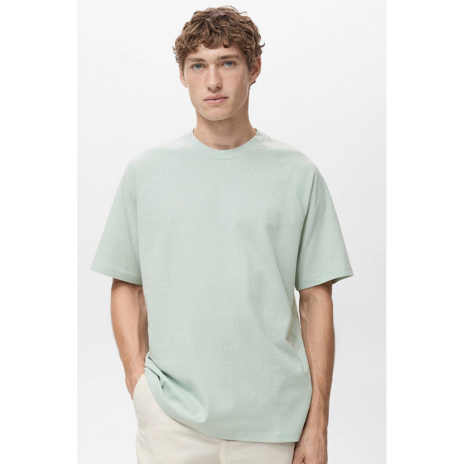 Mango Man linnen T-shirt mintgroen