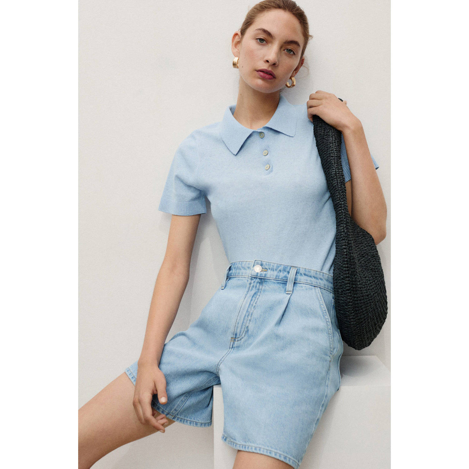 Mango denim wide leg regular waist short light blue denim